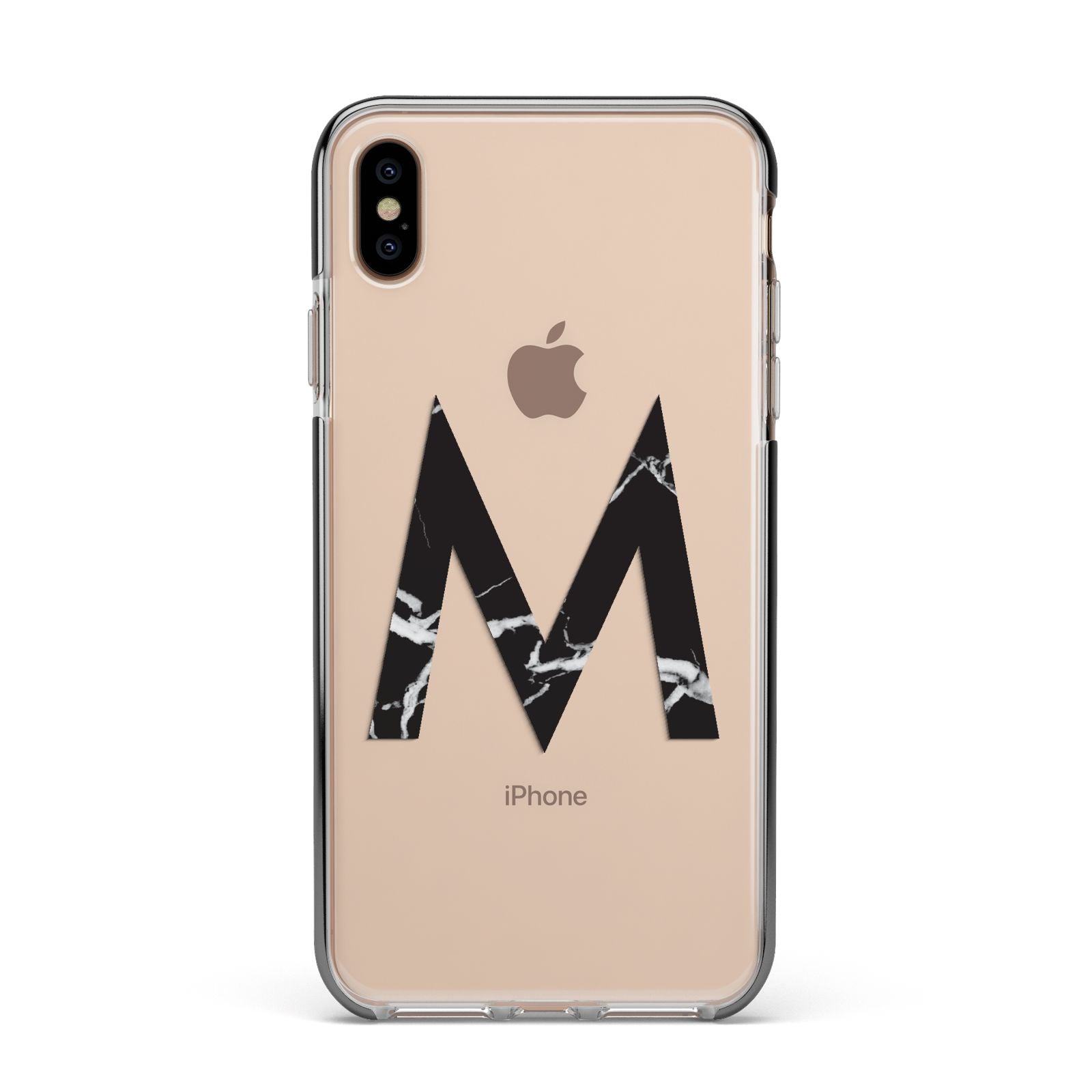 Personalised Black Marble Initial Clear Custom Apple iPhone Xs Max Impact Case Black Edge on Gold Phone