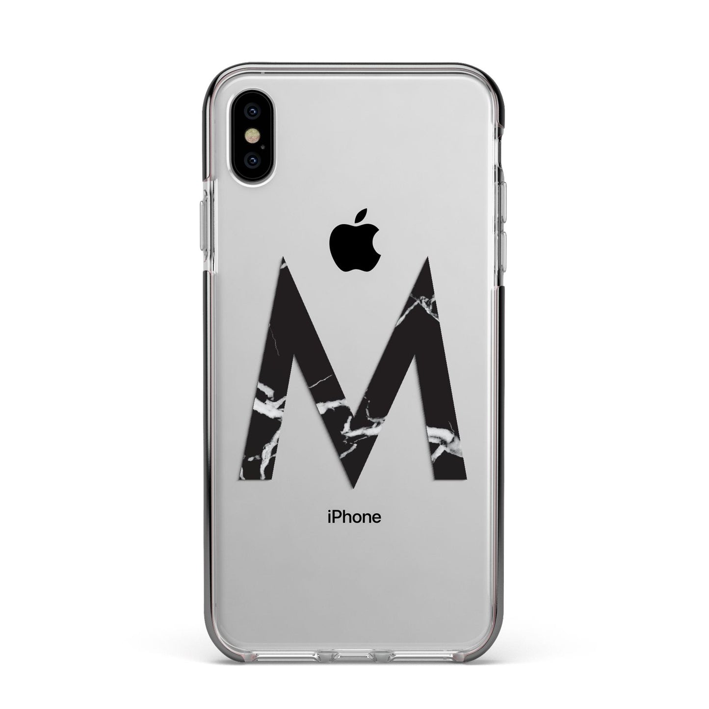 Personalised Black Marble Initial Clear Custom Apple iPhone Xs Max Impact Case Black Edge on Silver Phone