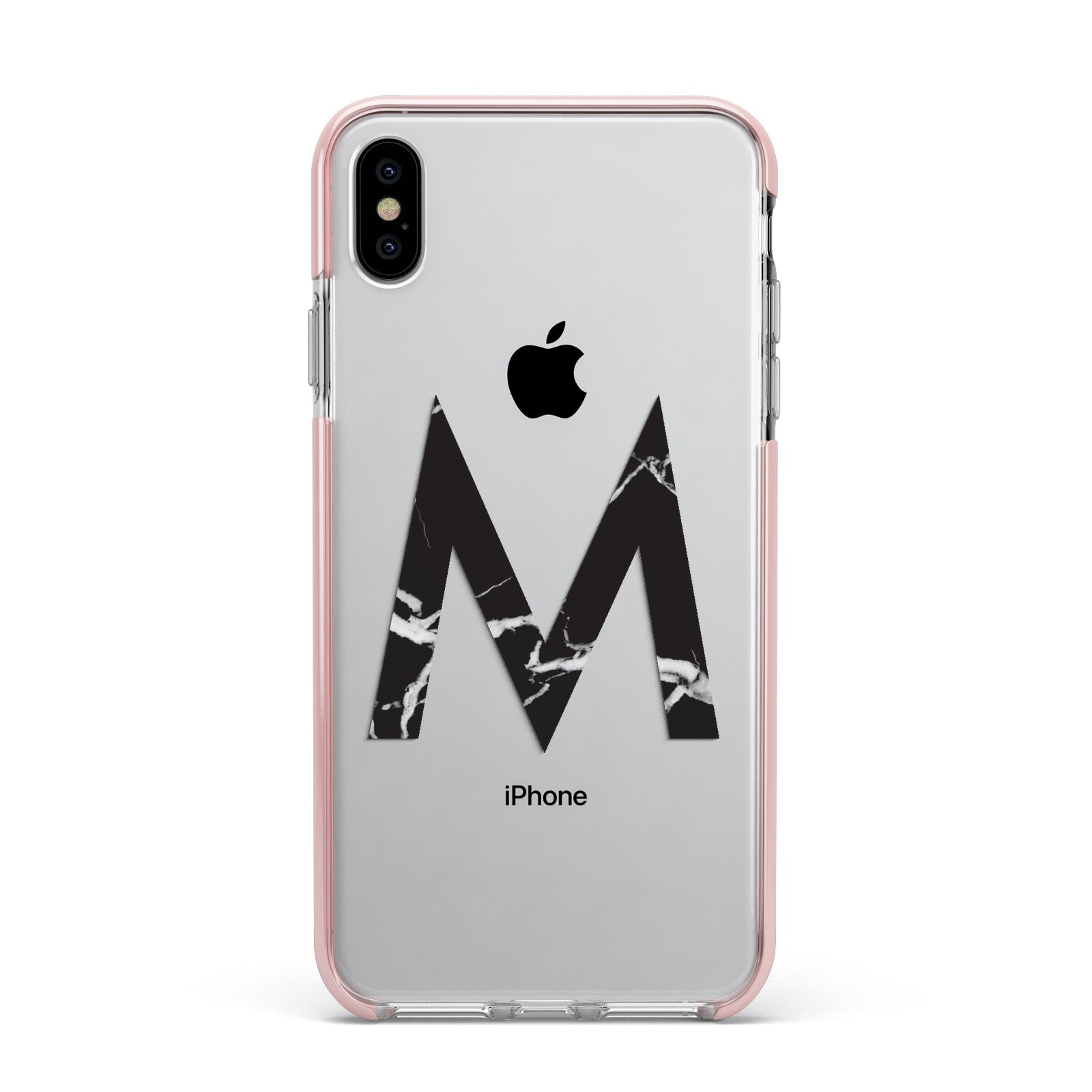 Personalised Black Marble Initial Clear Custom Apple iPhone Xs Max Impact Case Pink Edge on Silver Phone