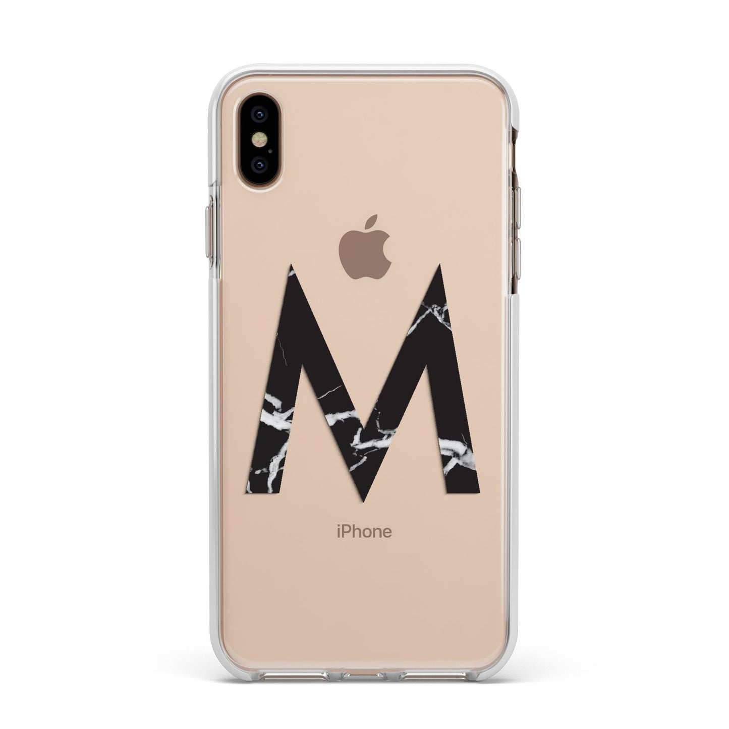 Personalised Black Marble Initial Clear Custom Apple iPhone Xs Max Impact Case White Edge on Gold Phone