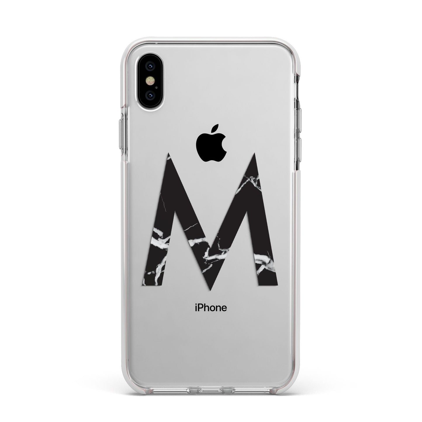 Personalised Black Marble Initial Clear Custom Apple iPhone Xs Max Impact Case White Edge on Silver Phone