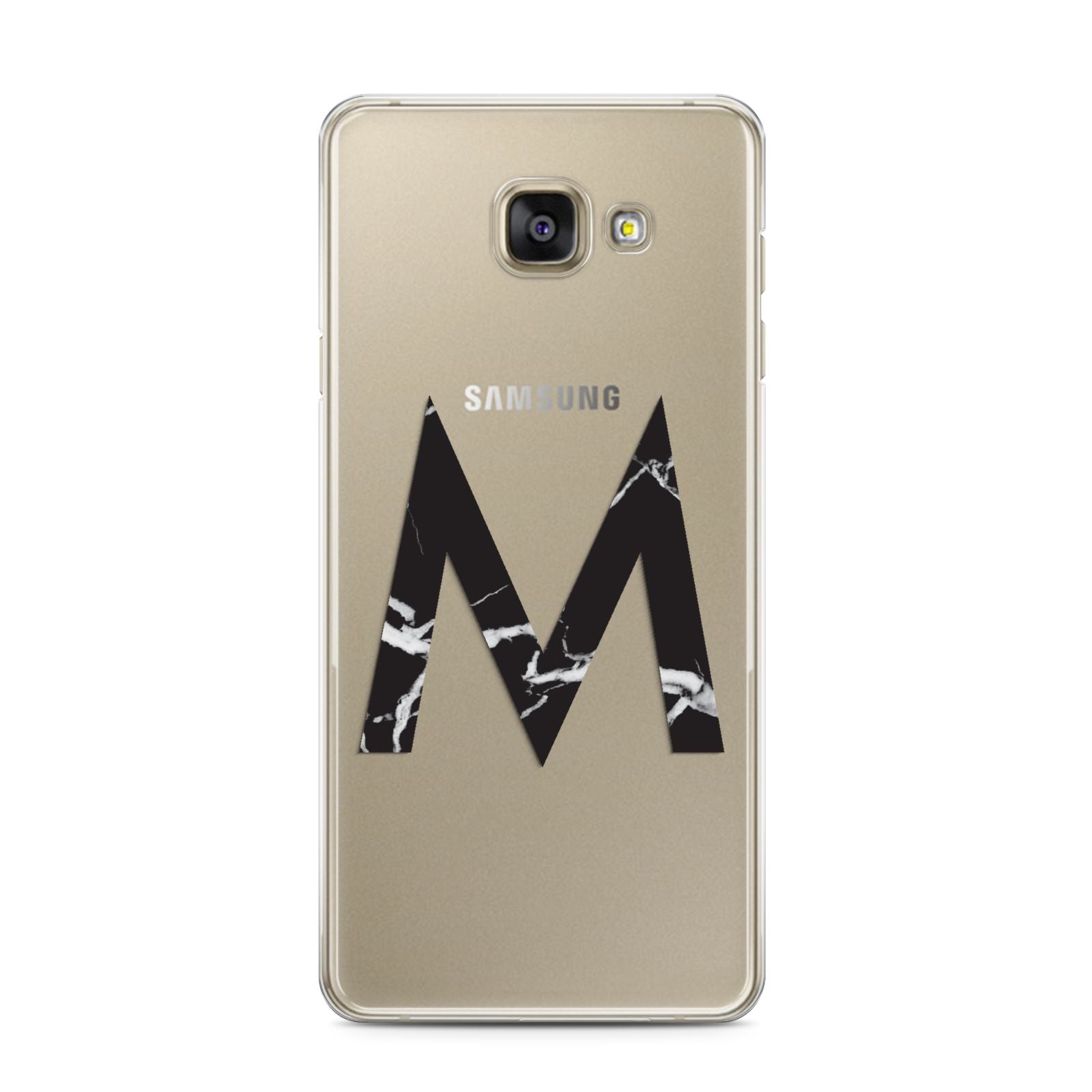 Personalised Black Marble Initial Clear Custom Samsung Galaxy A3 2016 Case on gold phone
