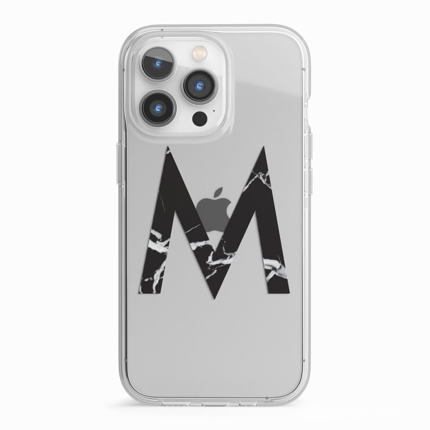 Personalised Black Marble Initial Clear Custom iPhone 13 Pro TPU Impact Case with White Edges