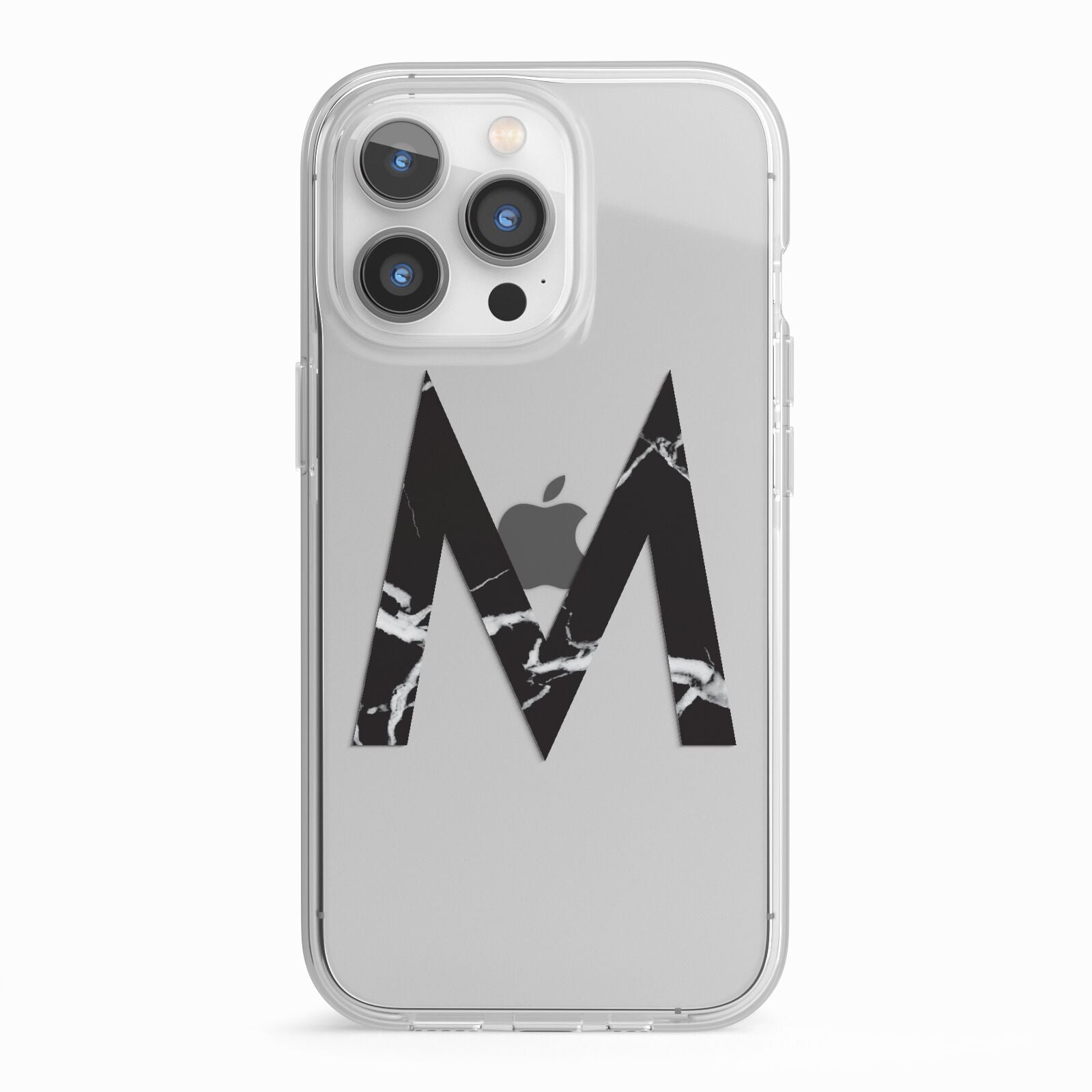 Personalised Black Marble Initial Clear Custom iPhone 13 Pro TPU Impact Case with White Edges