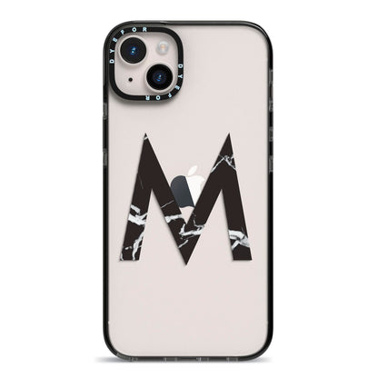 Personalised Black Marble Initial Clear Custom iPhone 14 Plus Black Impact Case on Silver phone