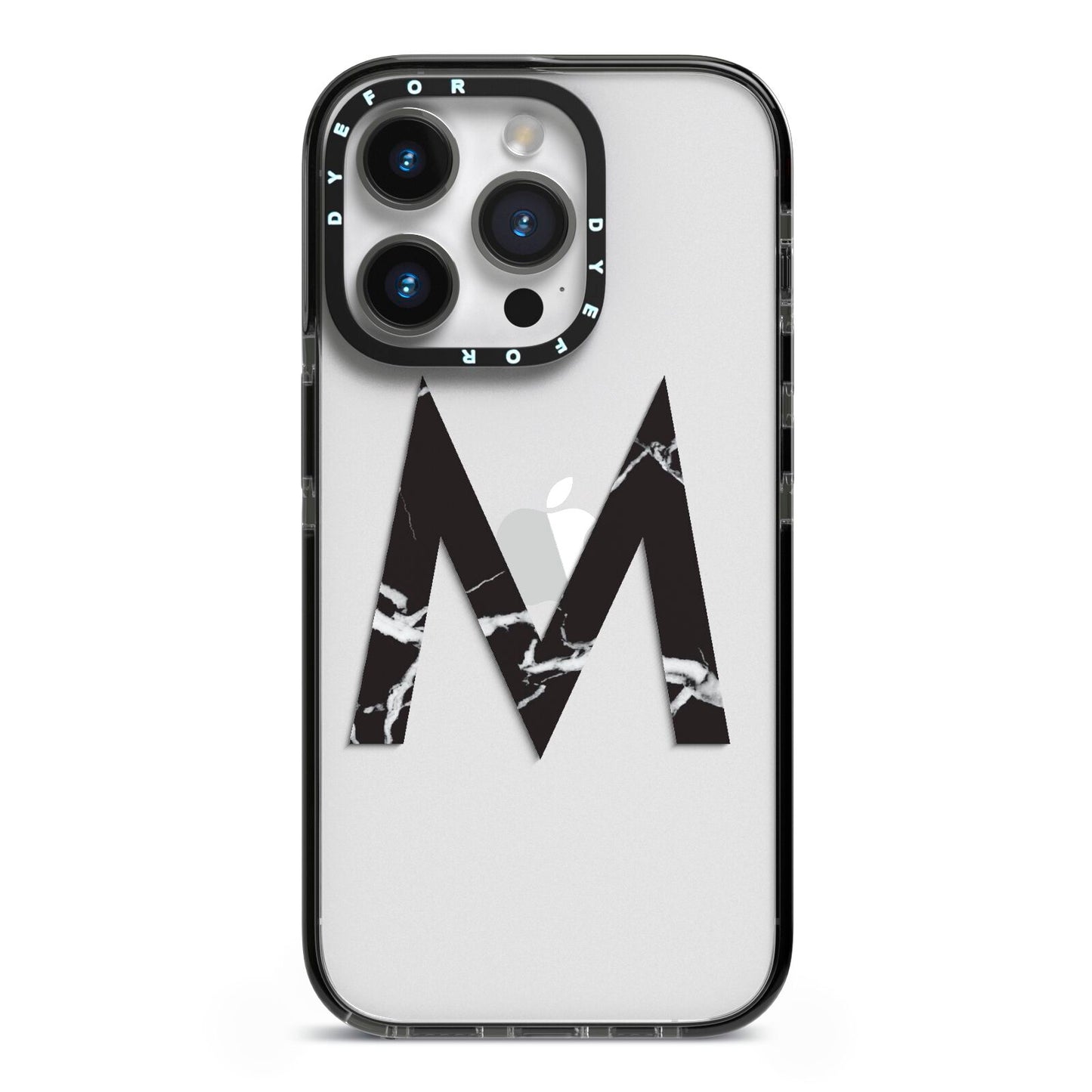 Personalised Black Marble Initial Clear Custom iPhone 14 Pro Black Impact Case on Silver phone