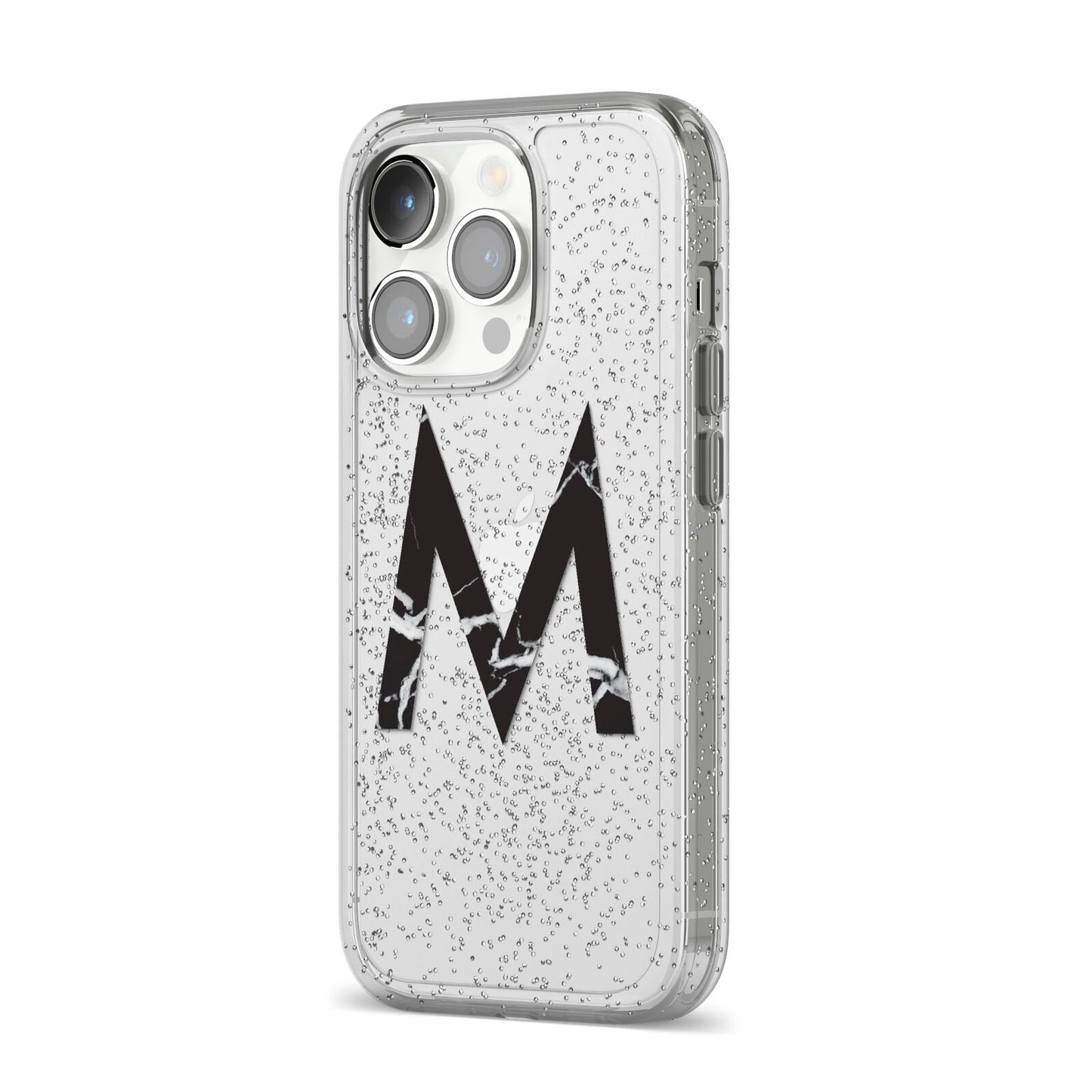 Personalised Black Marble Initial Clear Custom iPhone 14 Pro Glitter Tough Case Silver Angled Image