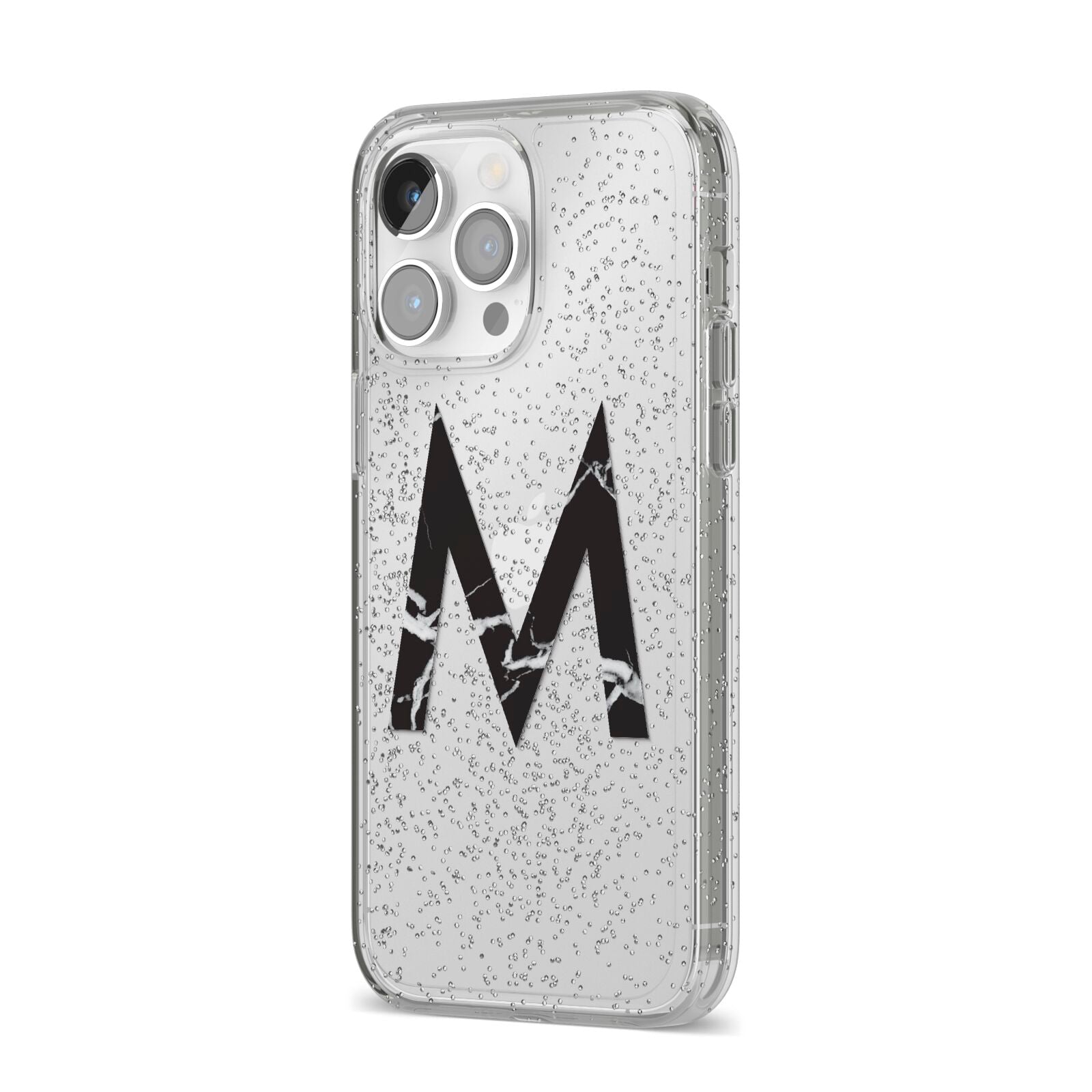 Personalised Black Marble Initial Clear Custom iPhone 14 Pro Max Glitter Tough Case Silver Angled Image