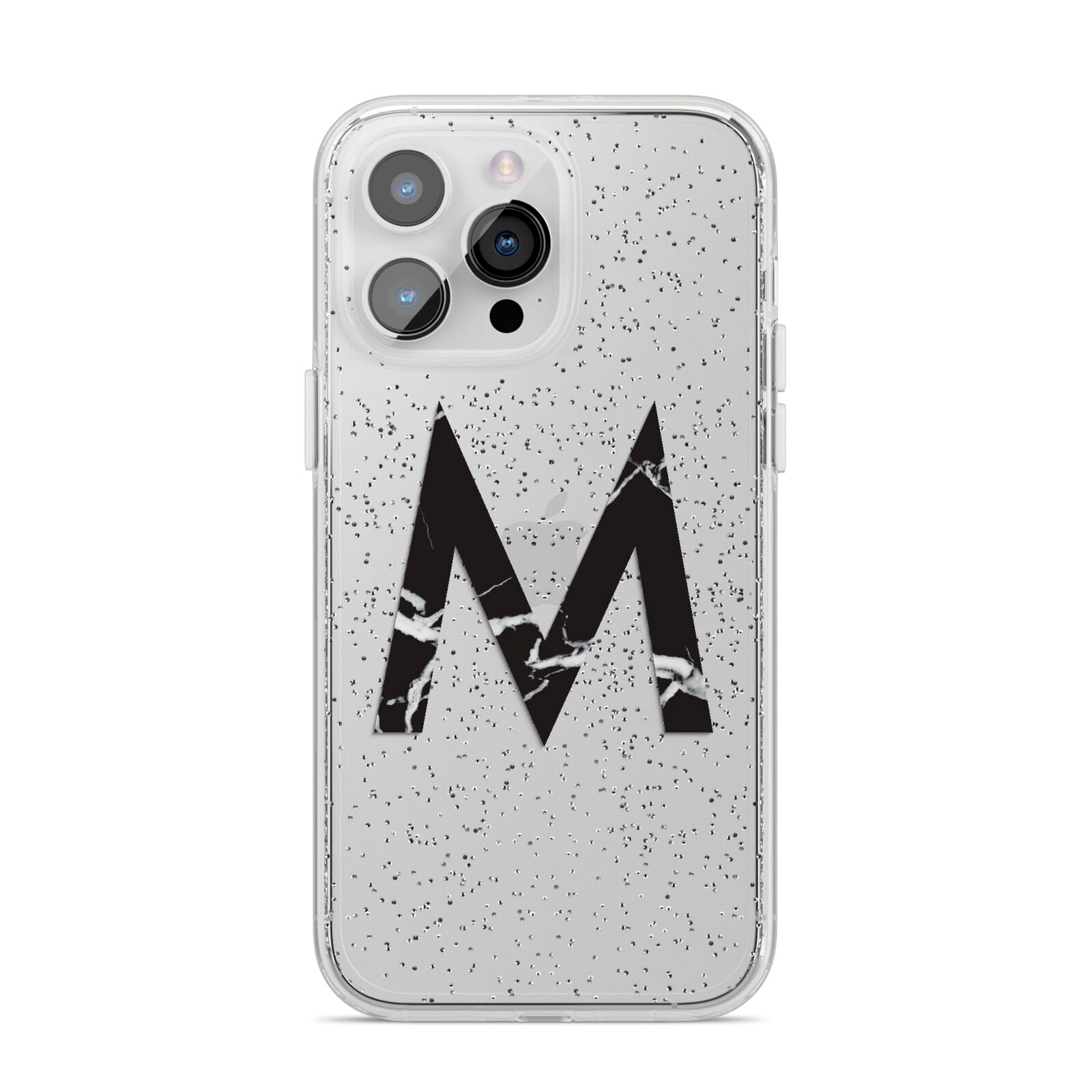 Personalised Black Marble Initial Clear Custom iPhone 14 Pro Max Glitter Tough Case Silver