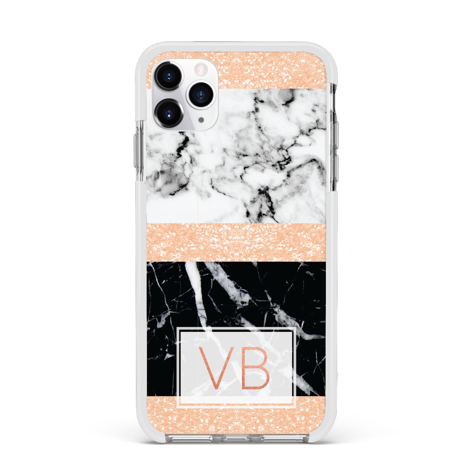 Personalised Black Marble Initials Apple iPhone 11 Pro Max in Silver with White Impact Case