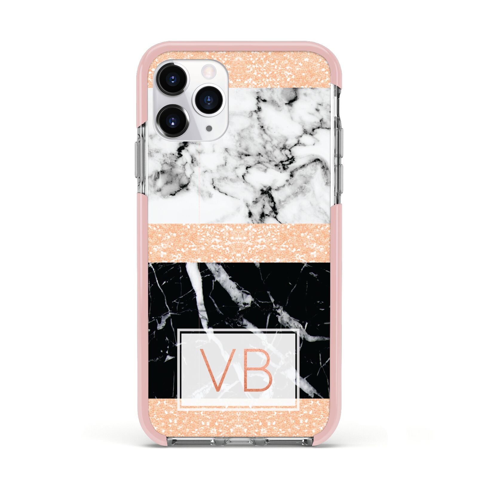 Personalised Black Marble Initials Apple iPhone 11 Pro in Silver with Pink Impact Case