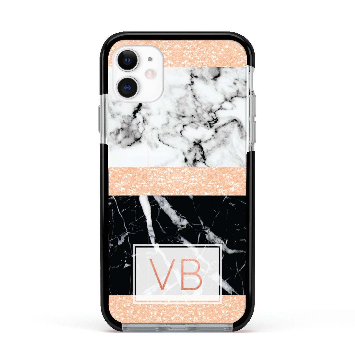 Personalised Black Marble Initials Apple iPhone 11 in White with Black Impact Case