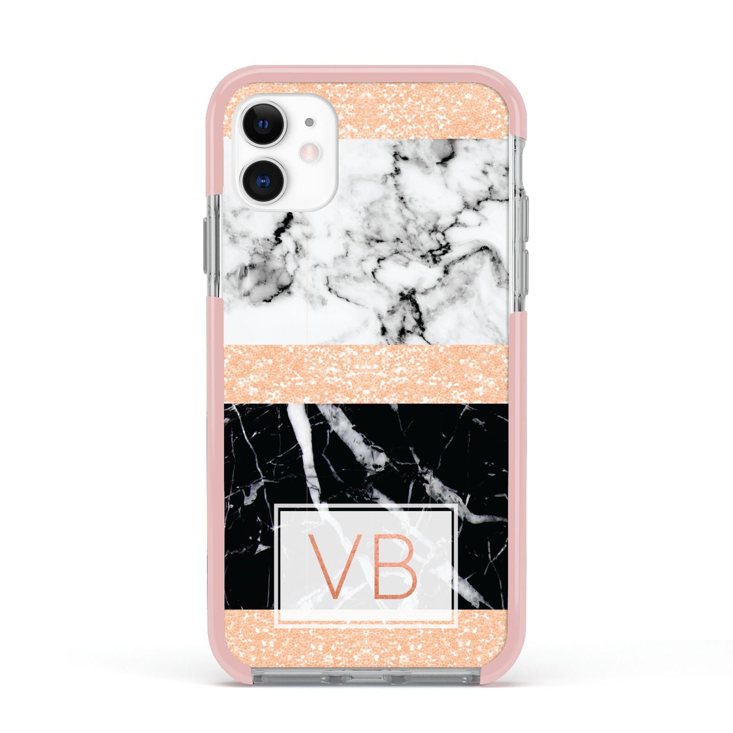 Personalised Black Marble Initials Apple iPhone 11 in White with Pink Impact Case