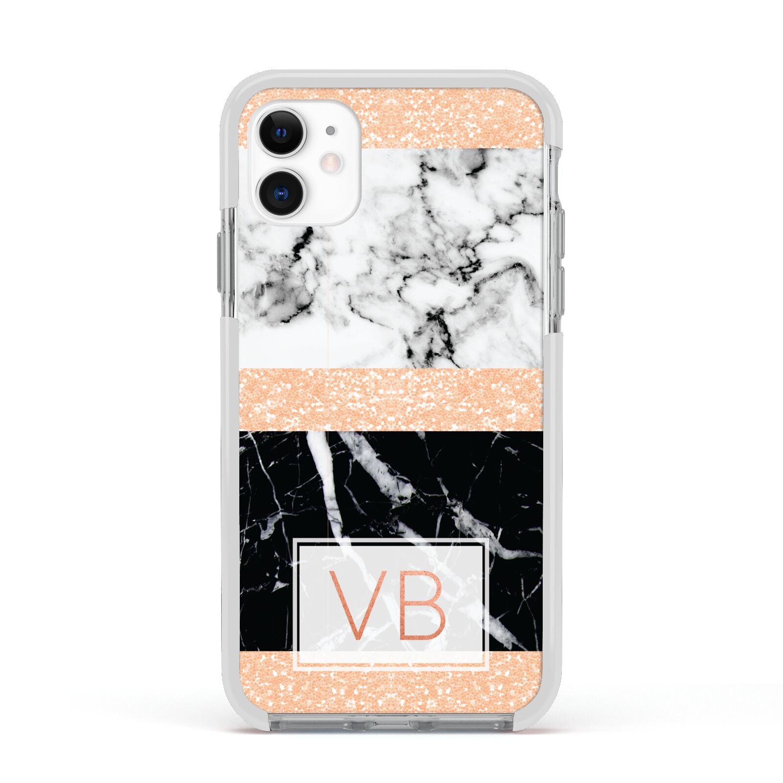 Personalised Black Marble Initials Apple iPhone 11 in White with White Impact Case