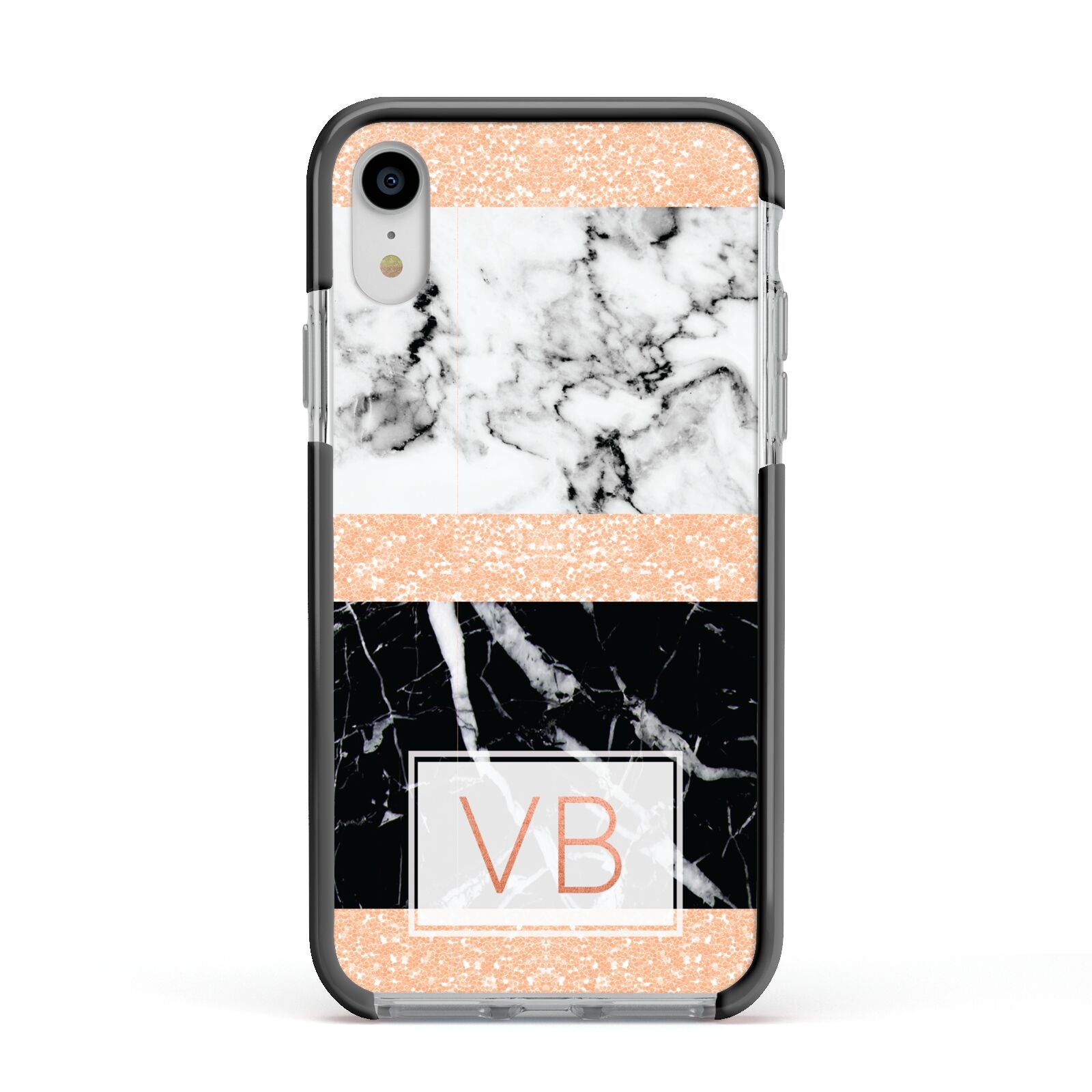 Personalised Black Marble Initials Apple iPhone XR Impact Case Black Edge on Silver Phone