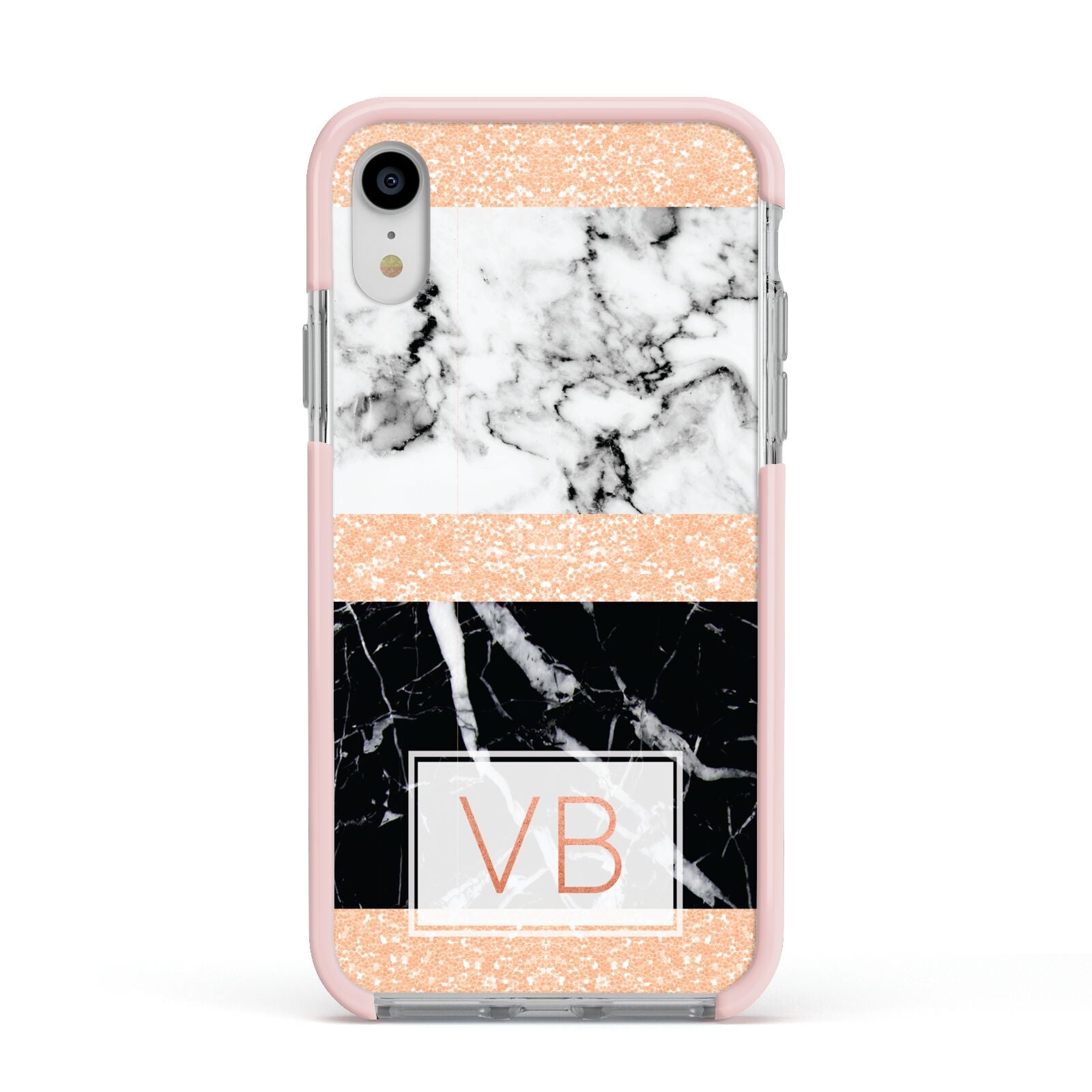 Personalised Black Marble Initials Apple iPhone XR Impact Case Pink Edge on Silver Phone
