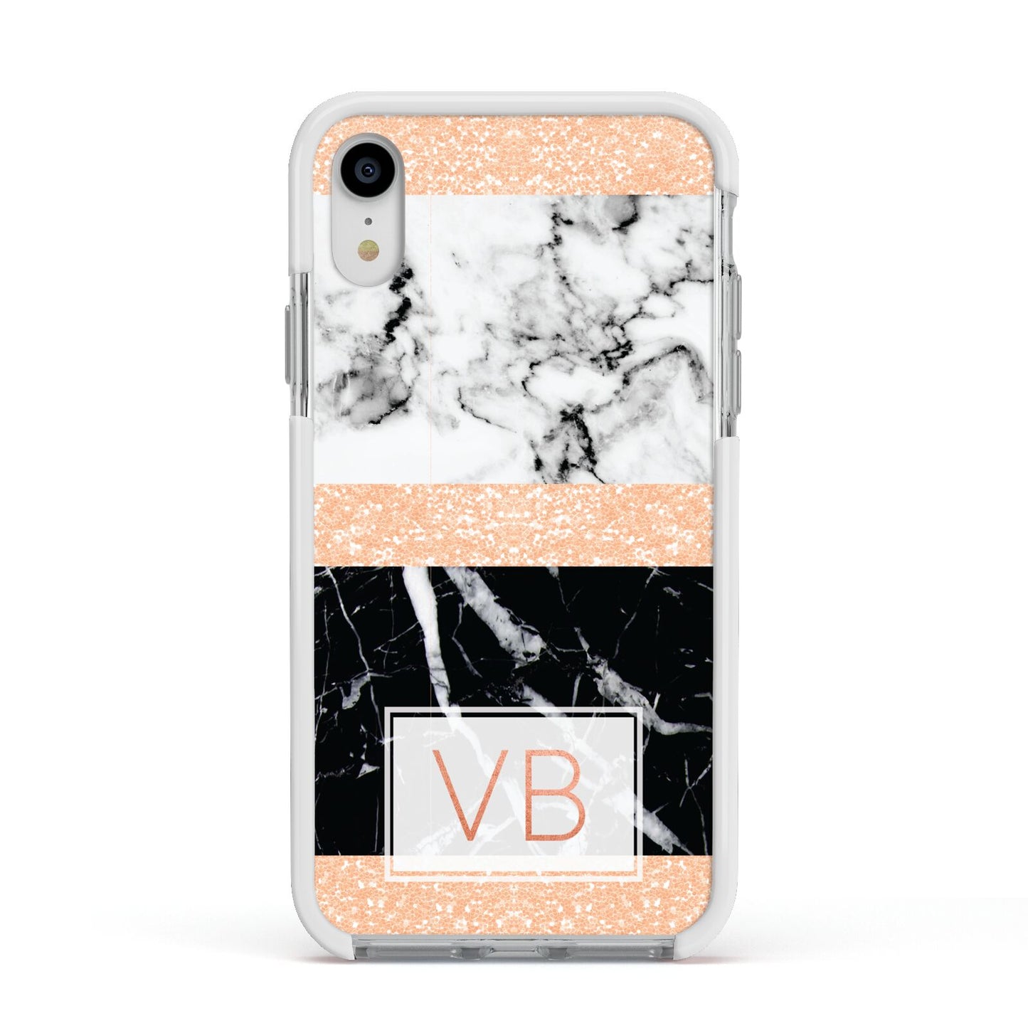 Personalised Black Marble Initials Apple iPhone XR Impact Case White Edge on Silver Phone