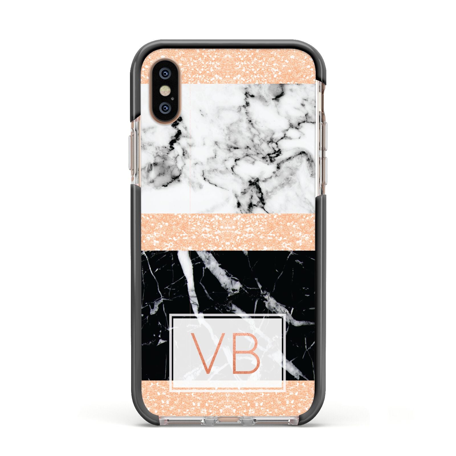 Personalised Black Marble Initials Apple iPhone Xs Impact Case Black Edge on Gold Phone