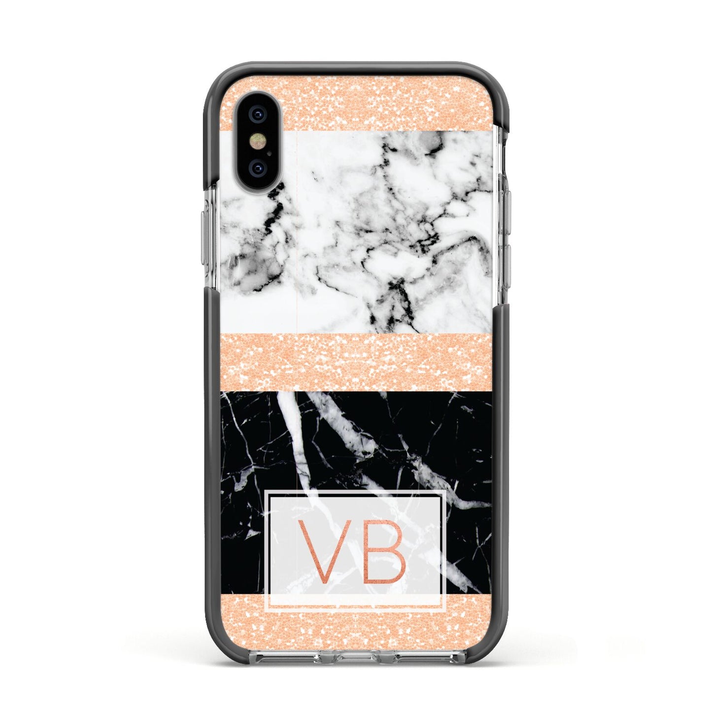 Personalised Black Marble Initials Apple iPhone Xs Impact Case Black Edge on Silver Phone
