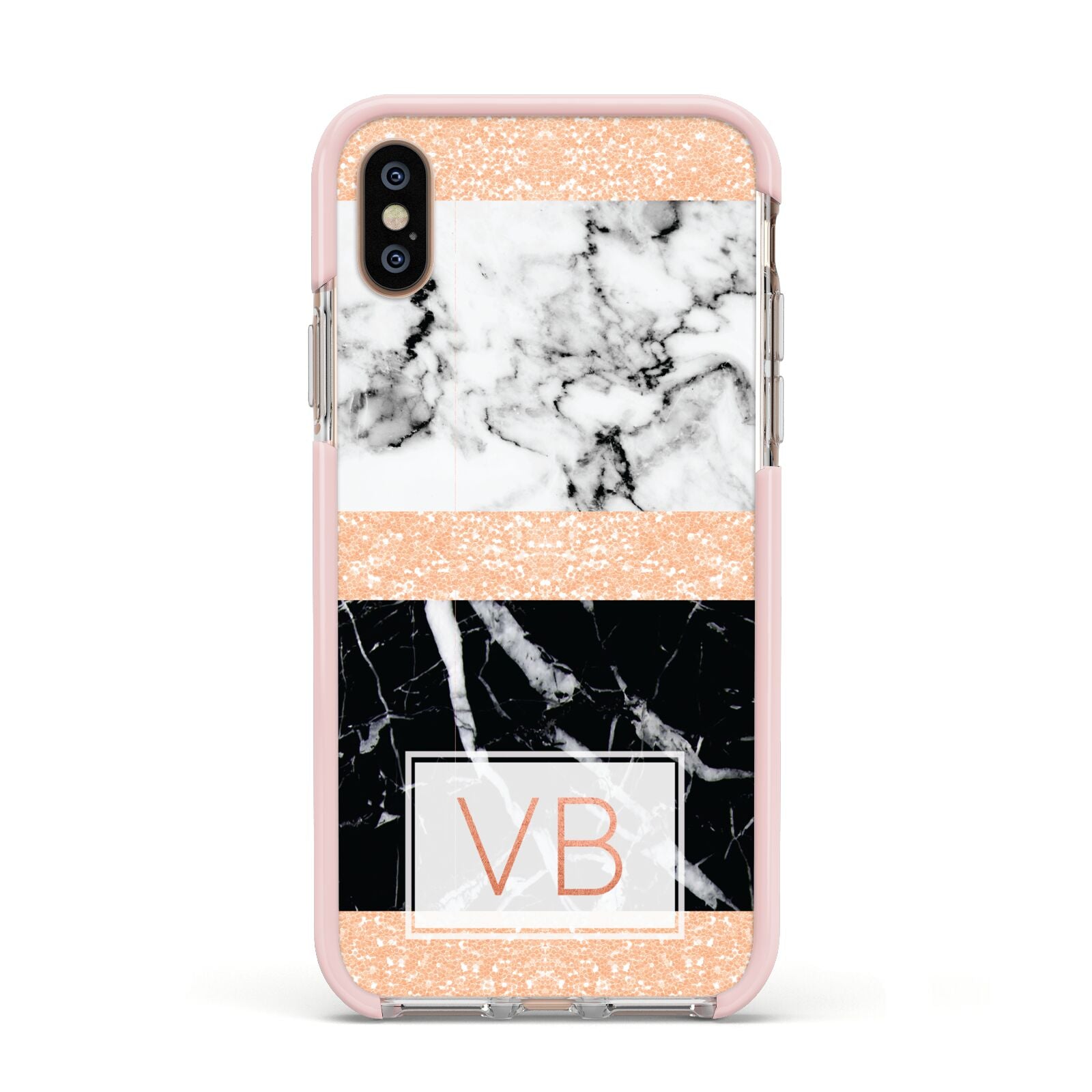 Personalised Black Marble Initials Apple iPhone Xs Impact Case Pink Edge on Gold Phone