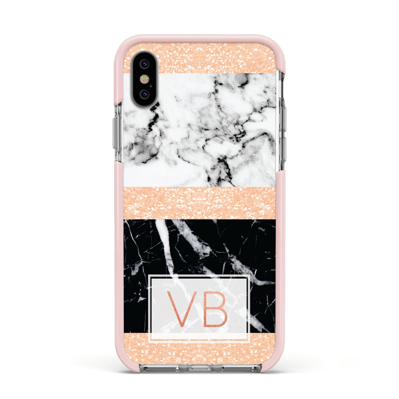 Personalised Black Marble Initials Apple iPhone Xs Impact Case Pink Edge on Silver Phone