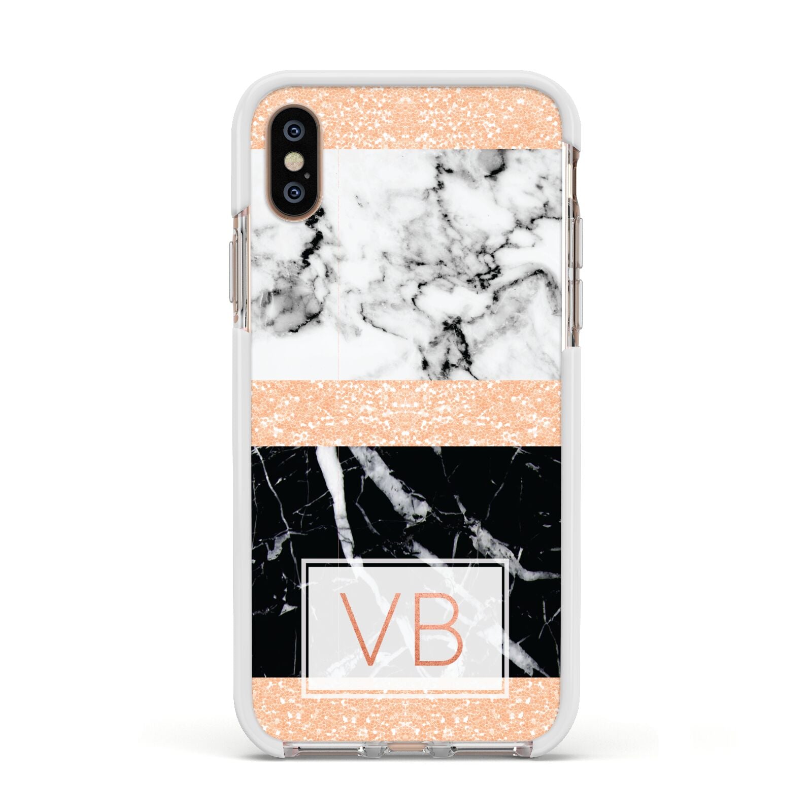 Personalised Black Marble Initials Apple iPhone Xs Impact Case White Edge on Gold Phone