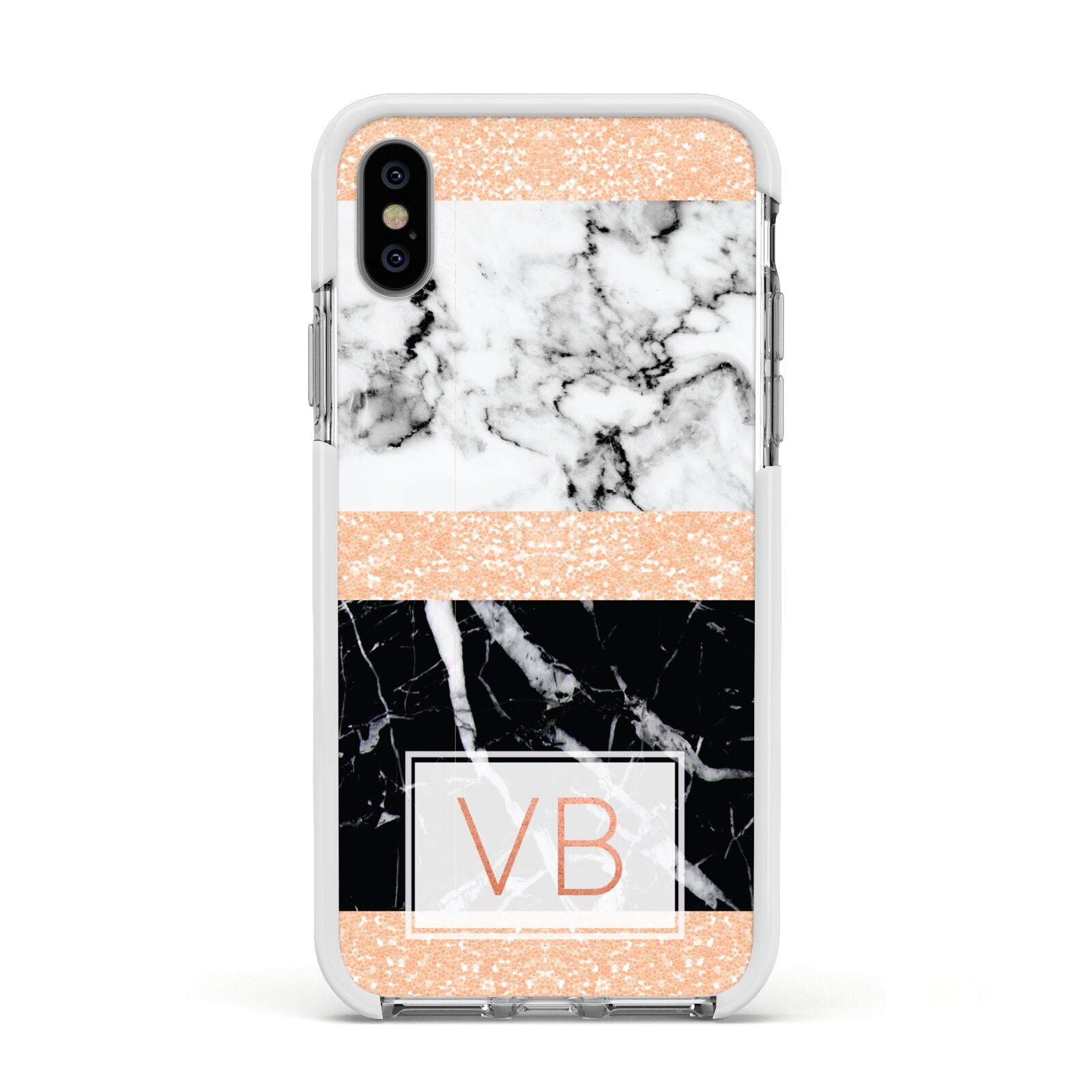 Personalised Black Marble Initials Apple iPhone Xs Impact Case White Edge on Silver Phone