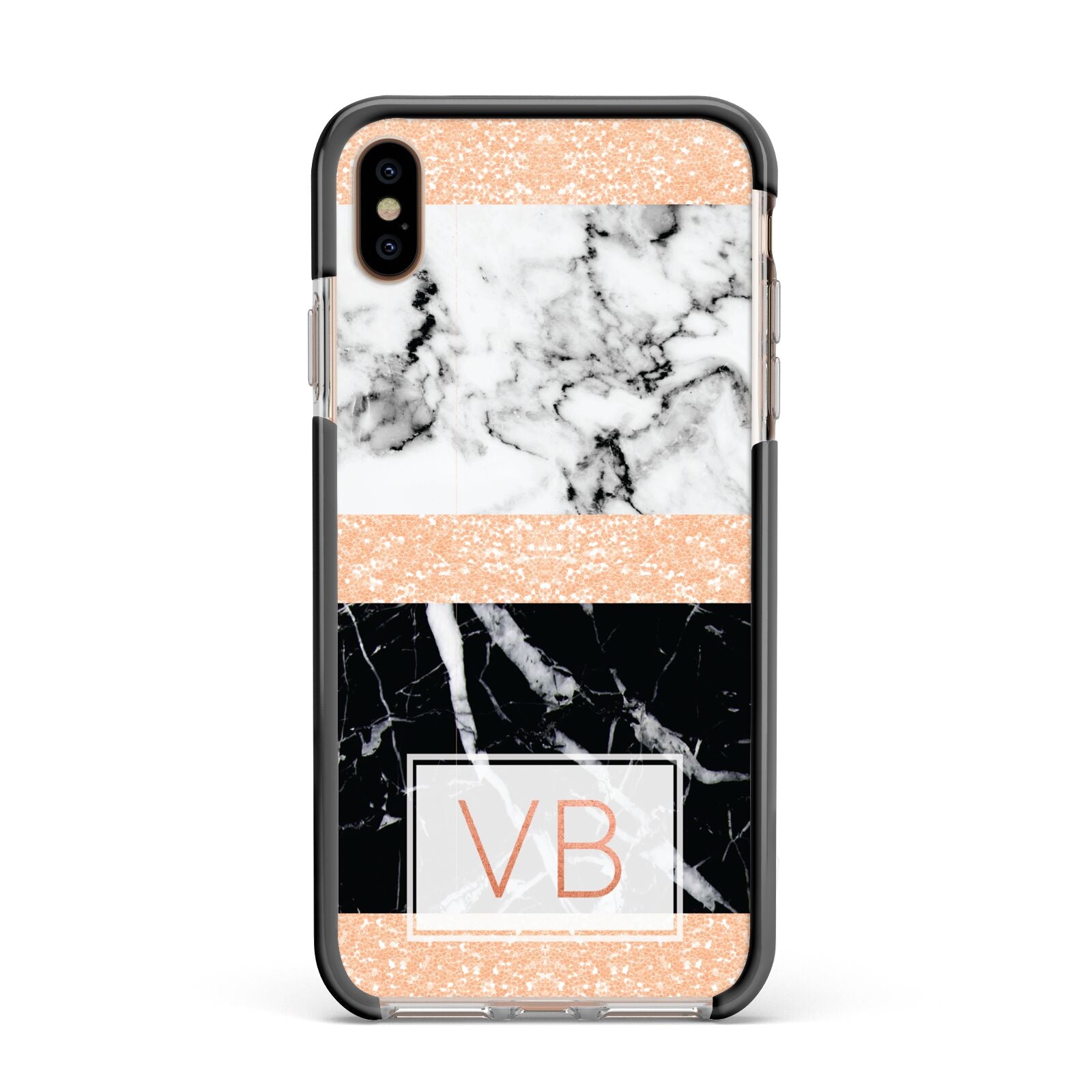 Personalised Black Marble Initials Apple iPhone Xs Max Impact Case Black Edge on Gold Phone