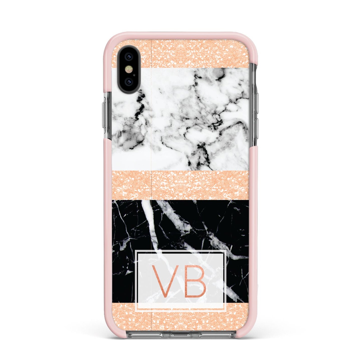 Personalised Black Marble Initials Apple iPhone Xs Max Impact Case Pink Edge on Black Phone