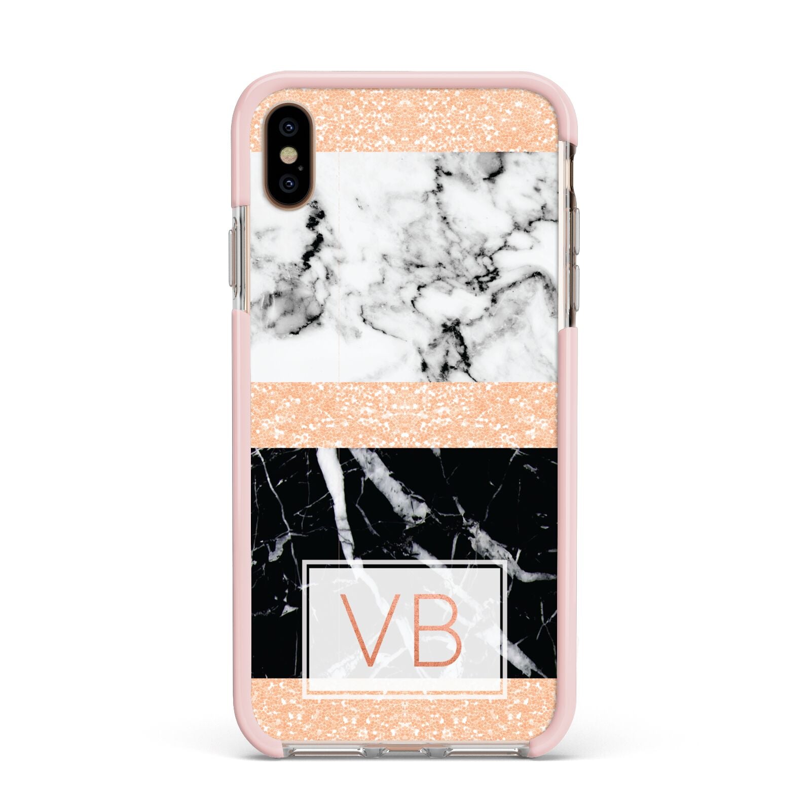 Personalised Black Marble Initials Apple iPhone Xs Max Impact Case Pink Edge on Gold Phone
