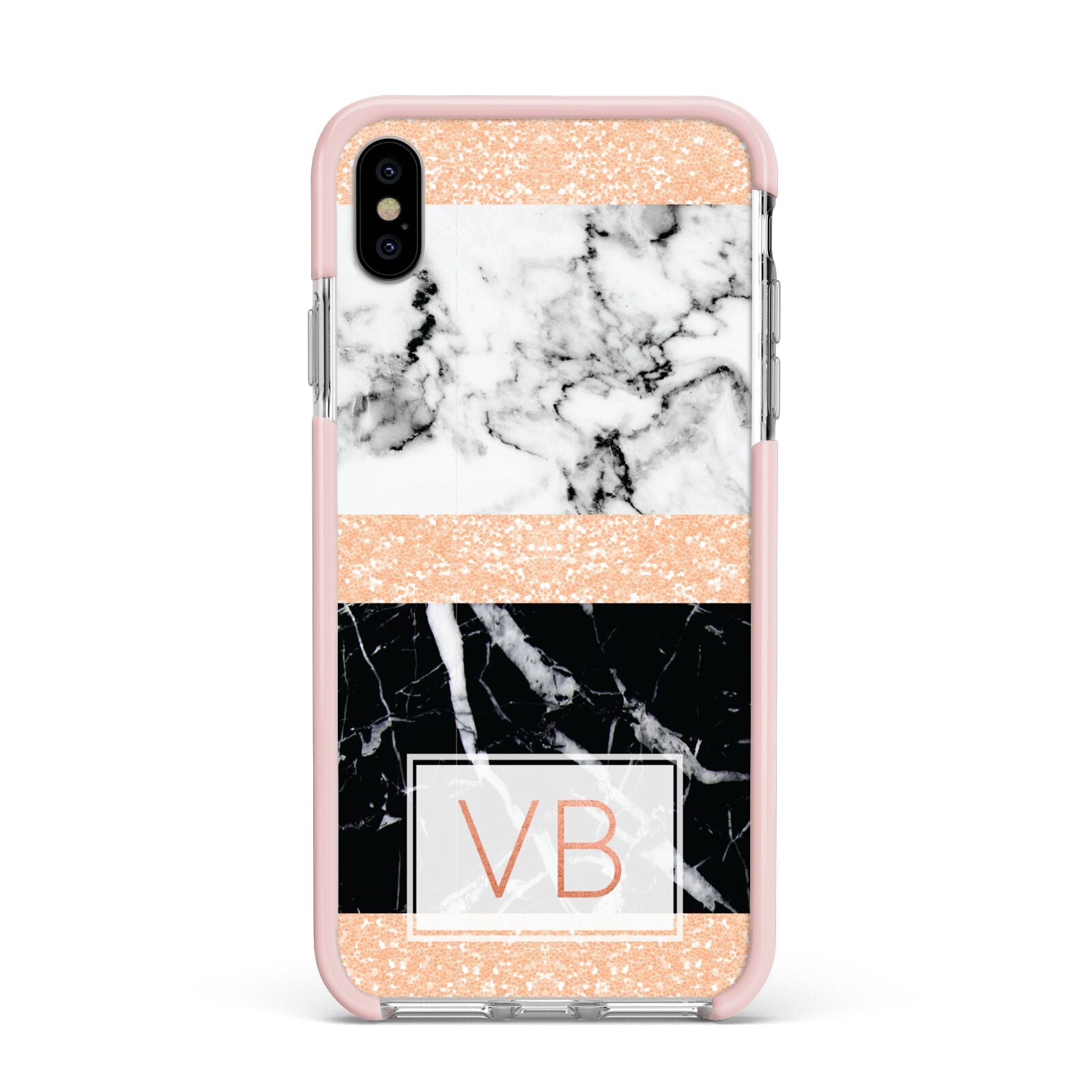 Personalised Black Marble Initials Apple iPhone Xs Max Impact Case Pink Edge on Silver Phone