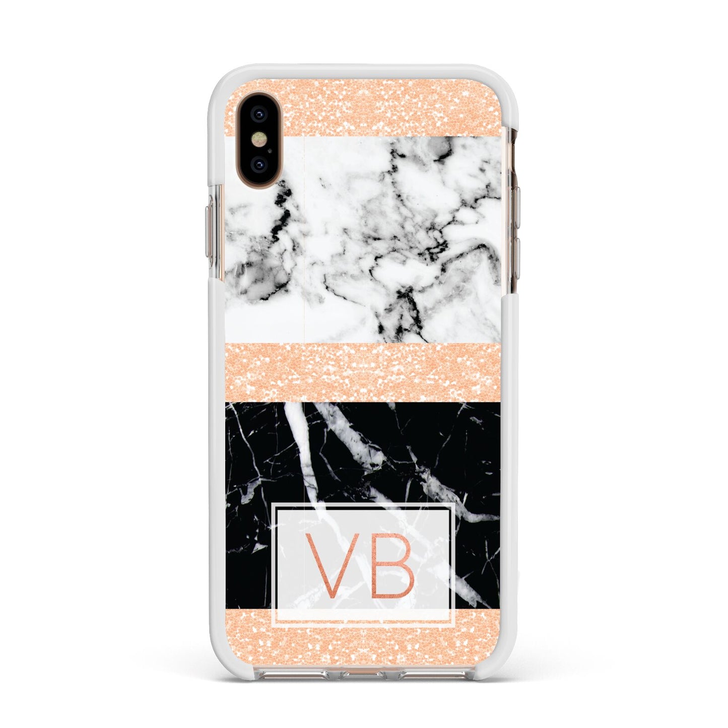 Personalised Black Marble Initials Apple iPhone Xs Max Impact Case White Edge on Gold Phone