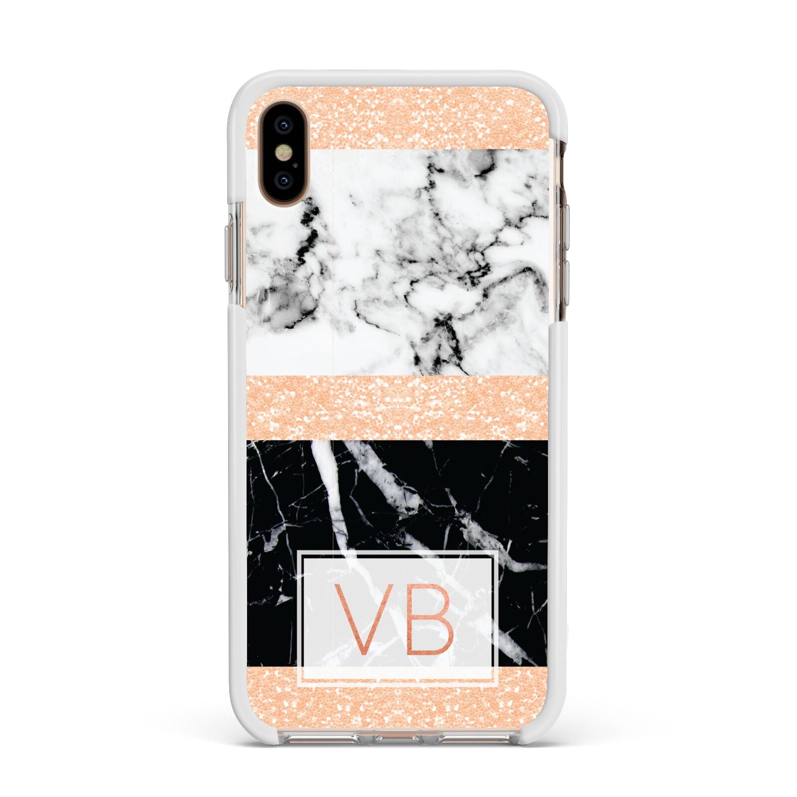 Personalised Black Marble Initials Apple iPhone Xs Max Impact Case White Edge on Gold Phone