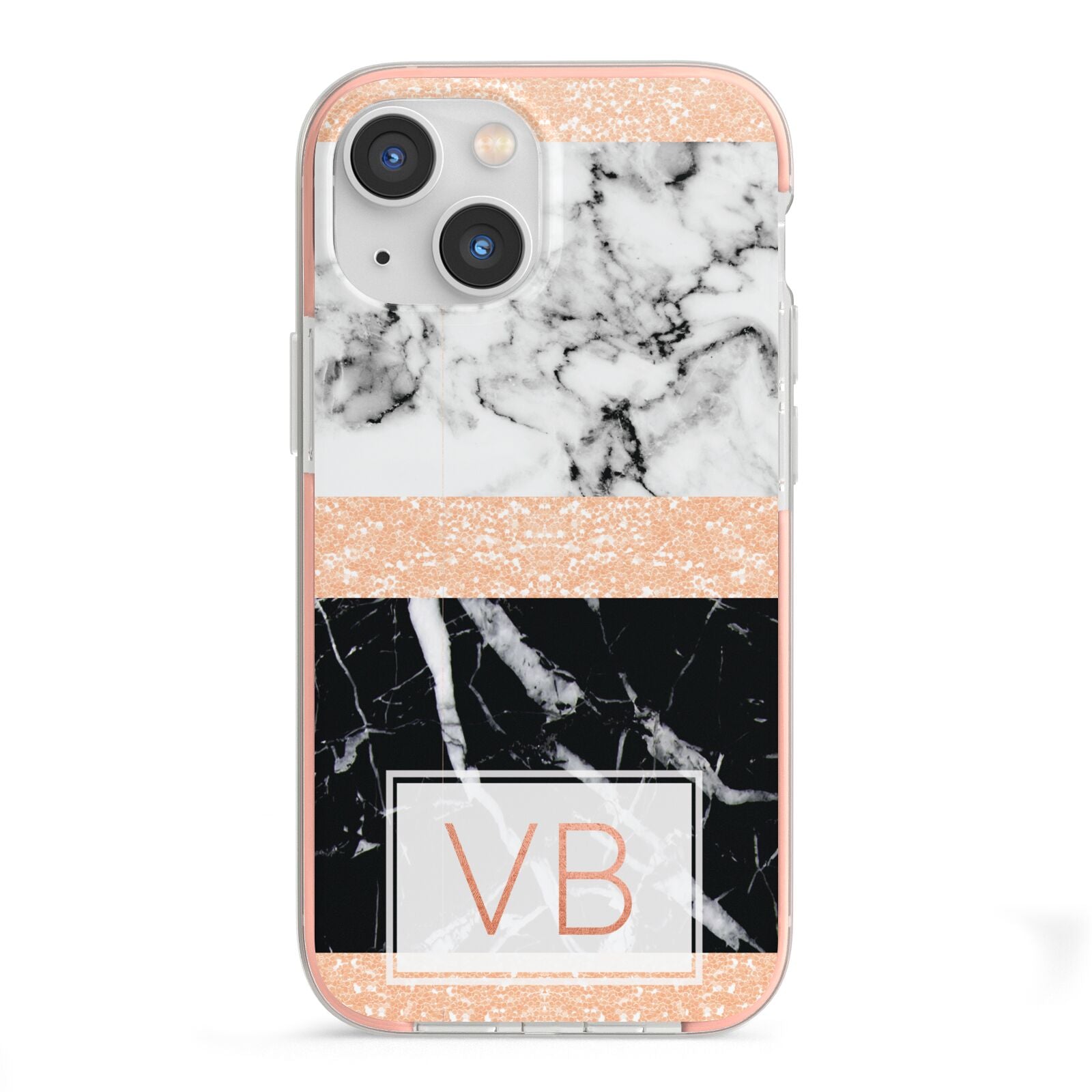 Personalised Black Marble Initials iPhone 13 Mini TPU Impact Case with Pink Edges