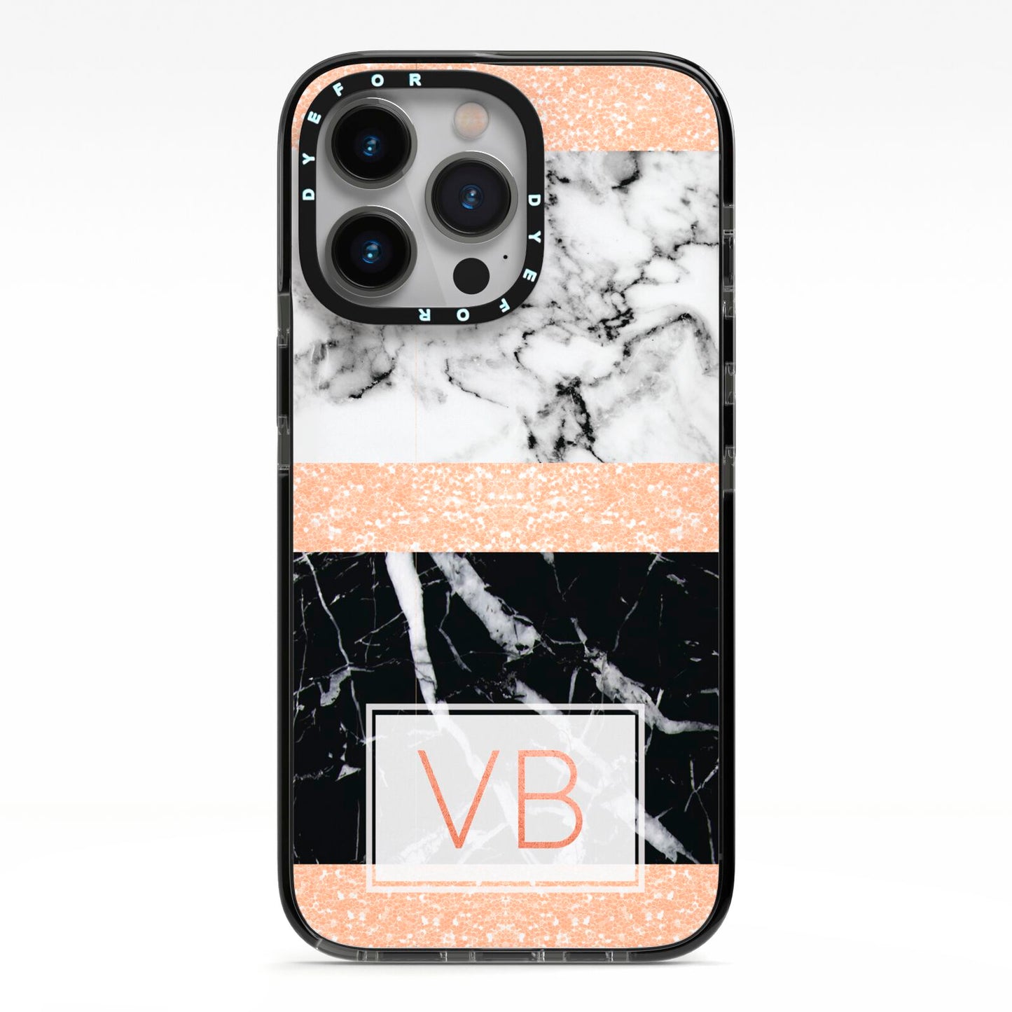 Personalised Black Marble Initials iPhone 13 Pro Black Impact Case on Silver phone