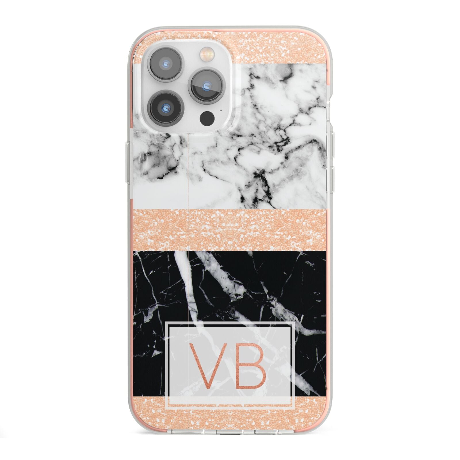 Personalised Black Marble Initials iPhone 13 Pro Max TPU Impact Case with Pink Edges