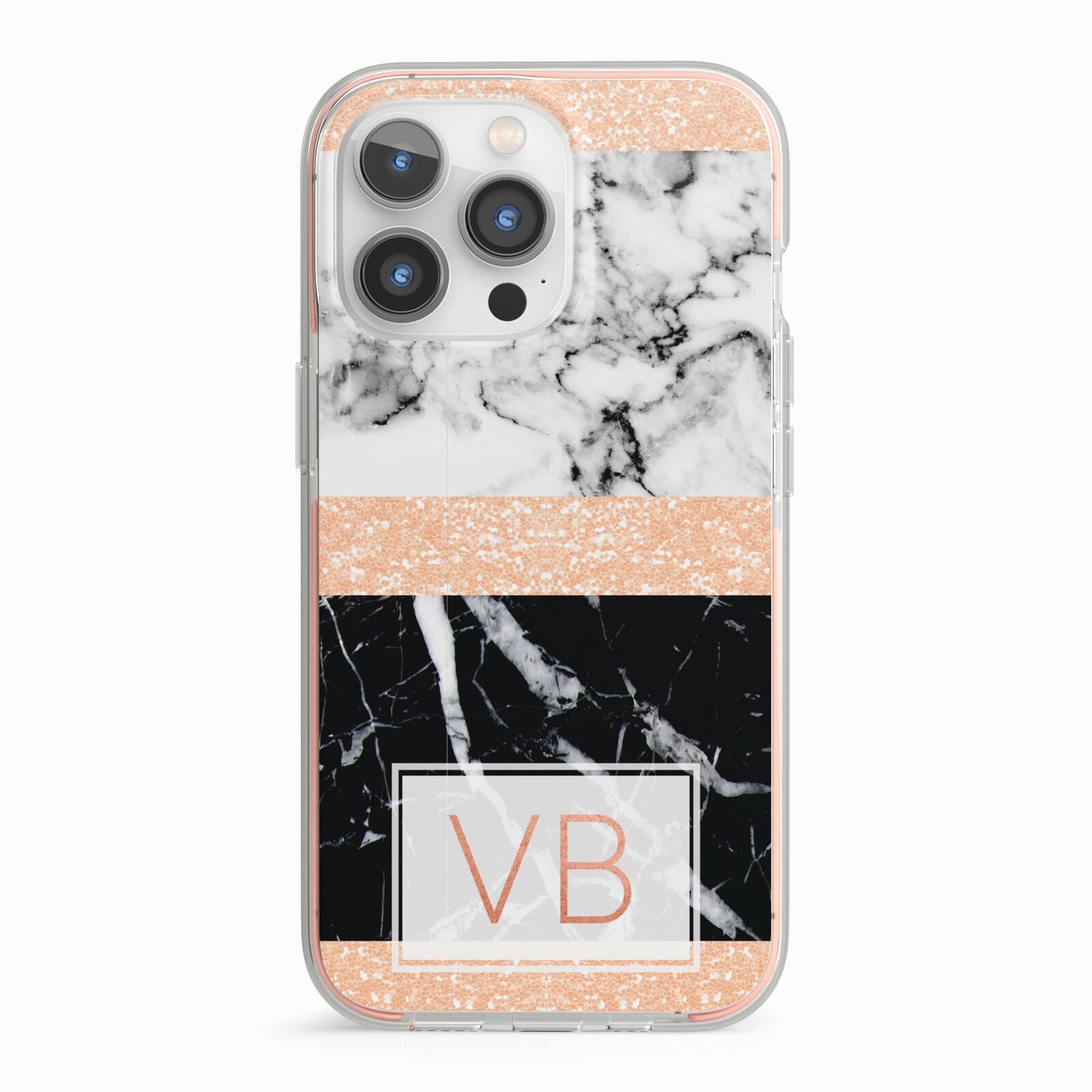 Personalised Black Marble Initials iPhone 13 Pro TPU Impact Case with Pink Edges