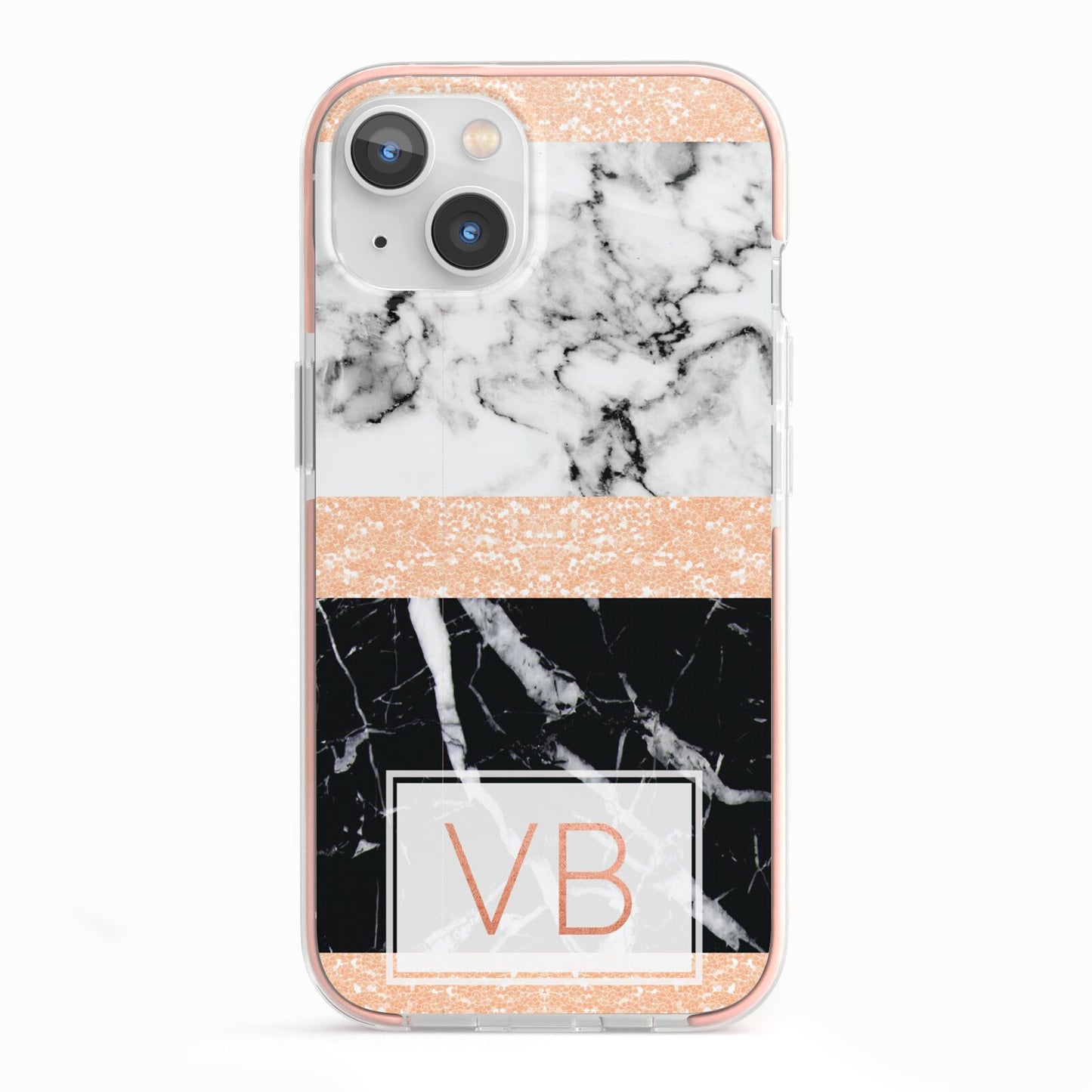 Personalised Black Marble Initials iPhone 13 TPU Impact Case with Pink Edges