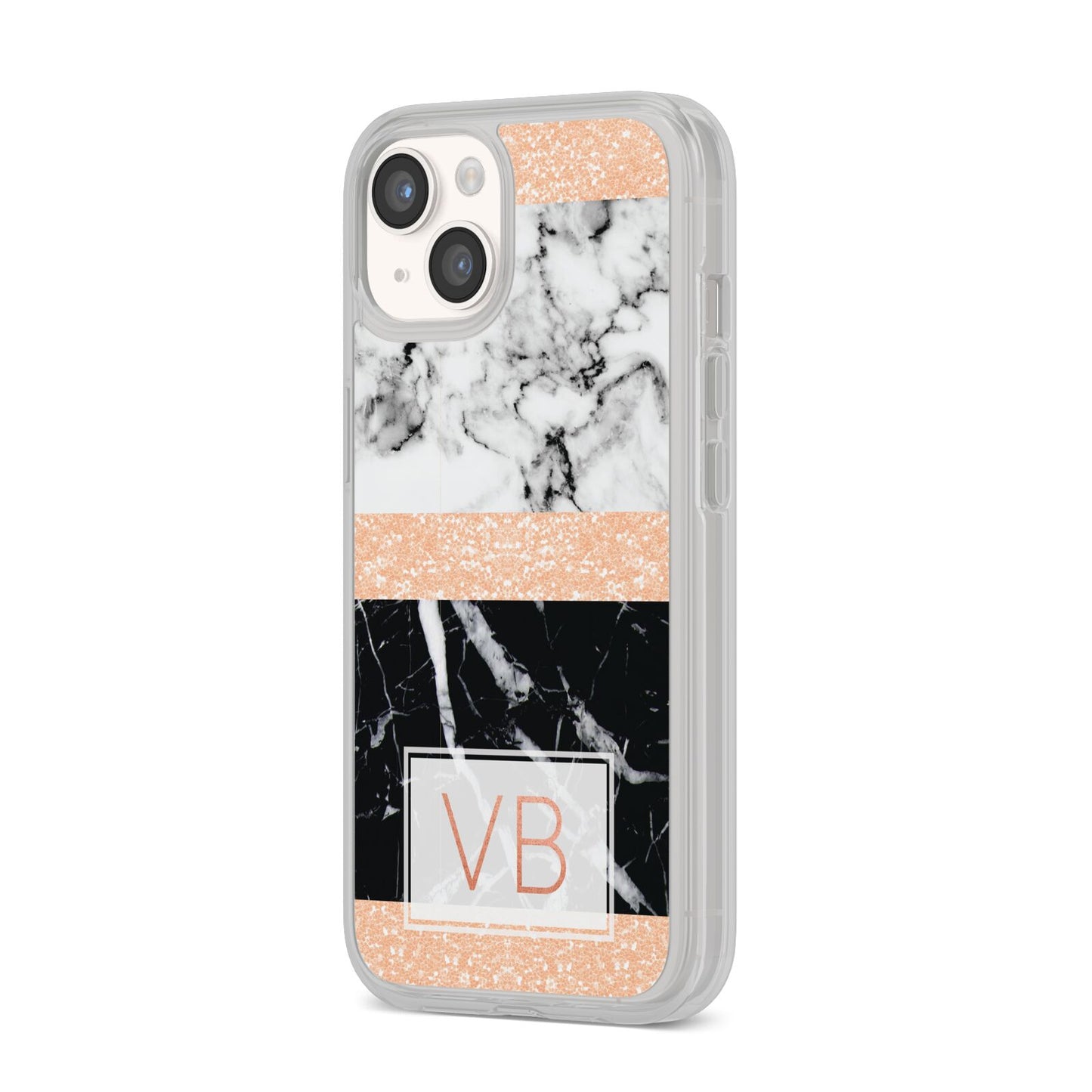Personalised Black Marble Initials iPhone 14 Clear Tough Case Starlight Angled Image