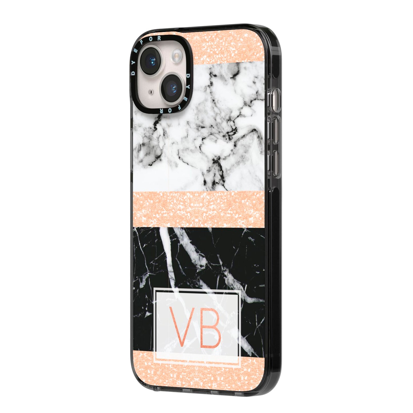 Personalised Black Marble Initials iPhone 14 Plus Black Impact Case Side Angle on Silver phone