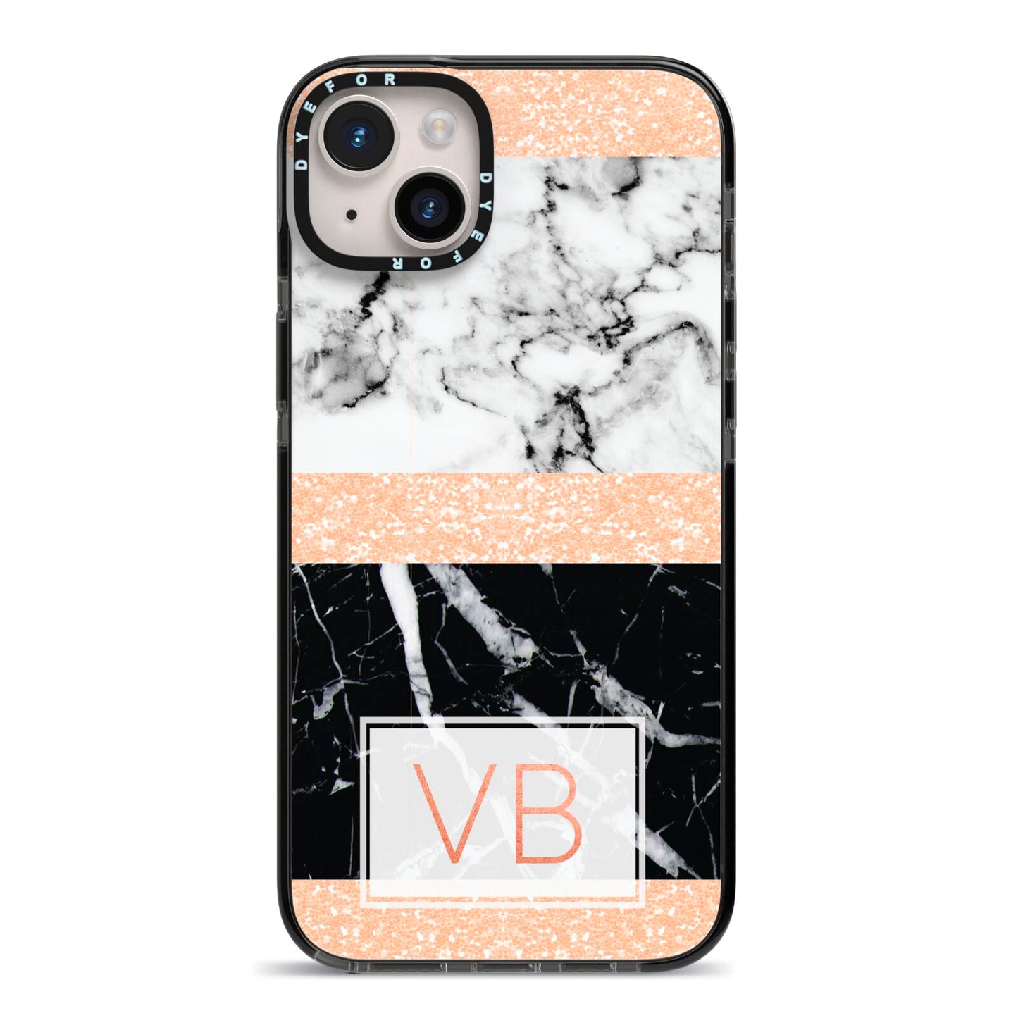 Personalised Black Marble Initials iPhone 14 Plus Black Impact Case on Silver phone