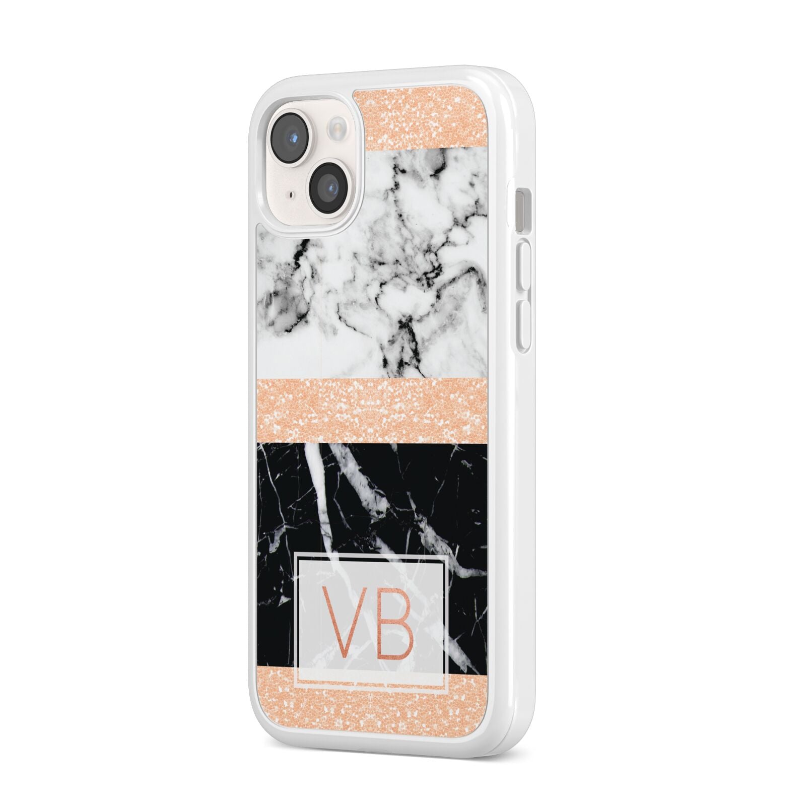 Personalised Black Marble Initials iPhone 14 Plus Clear Tough Case Starlight Angled Image