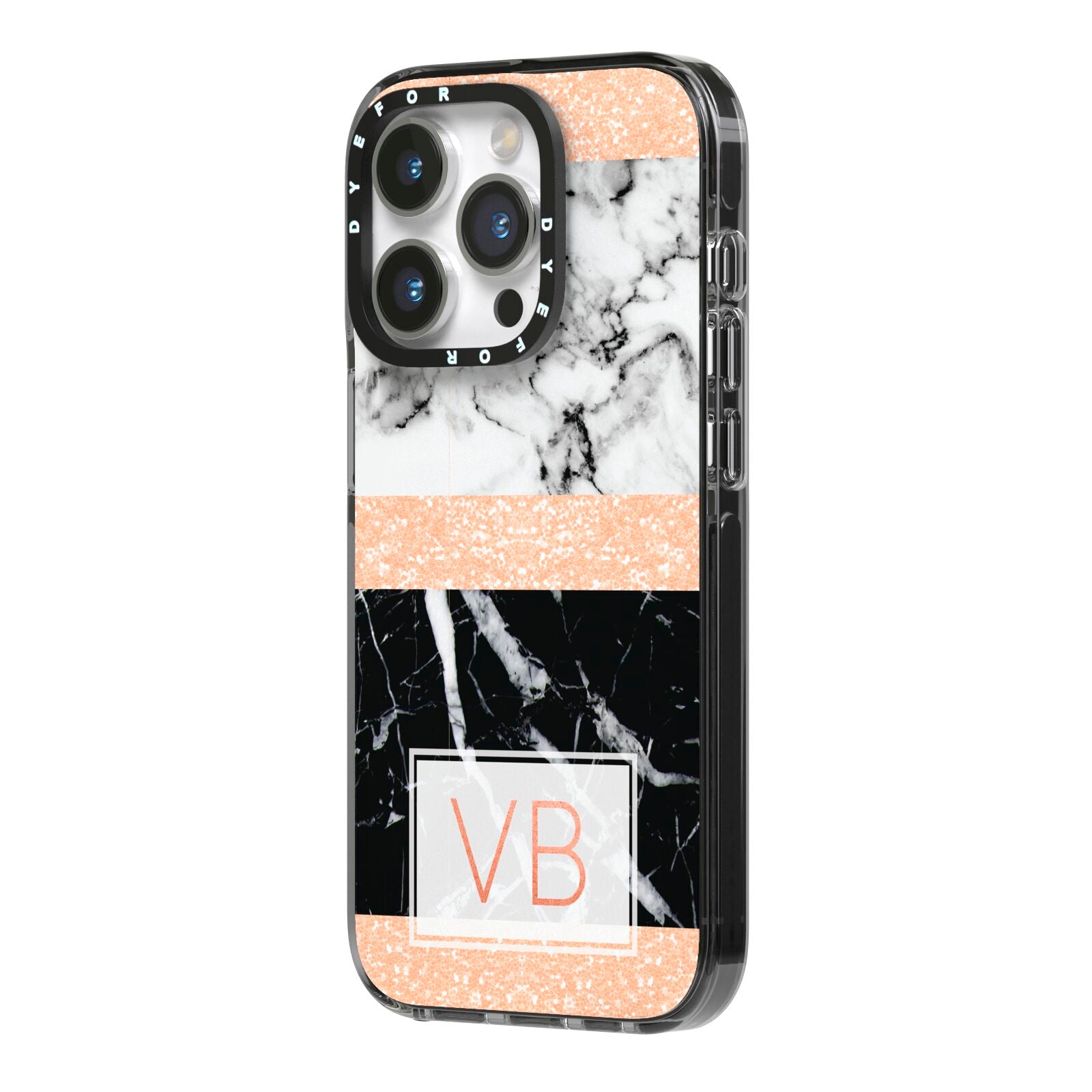 Personalised Black Marble Initials iPhone 14 Pro Black Impact Case Side Angle on Silver phone
