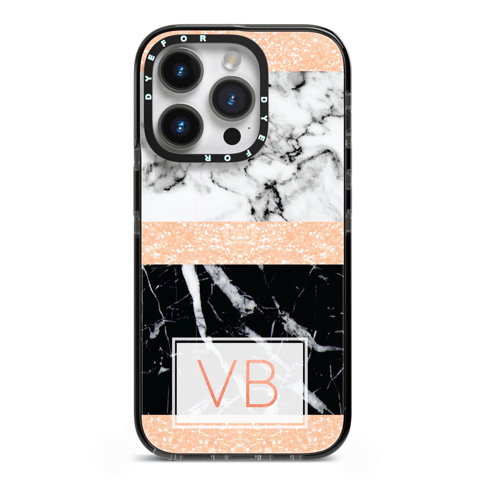 Personalised Black Marble Initials iPhone 14 Pro Black Impact Case on Silver phone