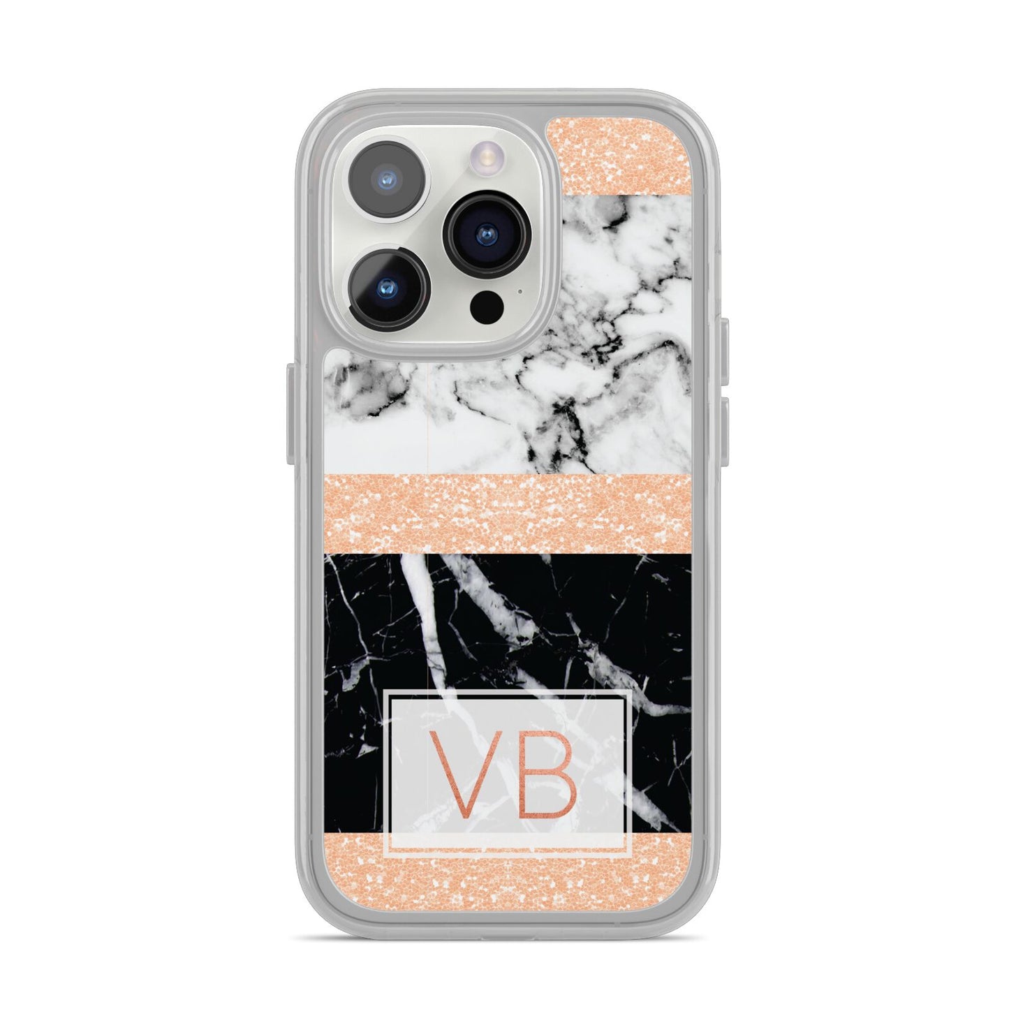 Personalised Black Marble Initials iPhone 14 Pro Clear Tough Case Silver