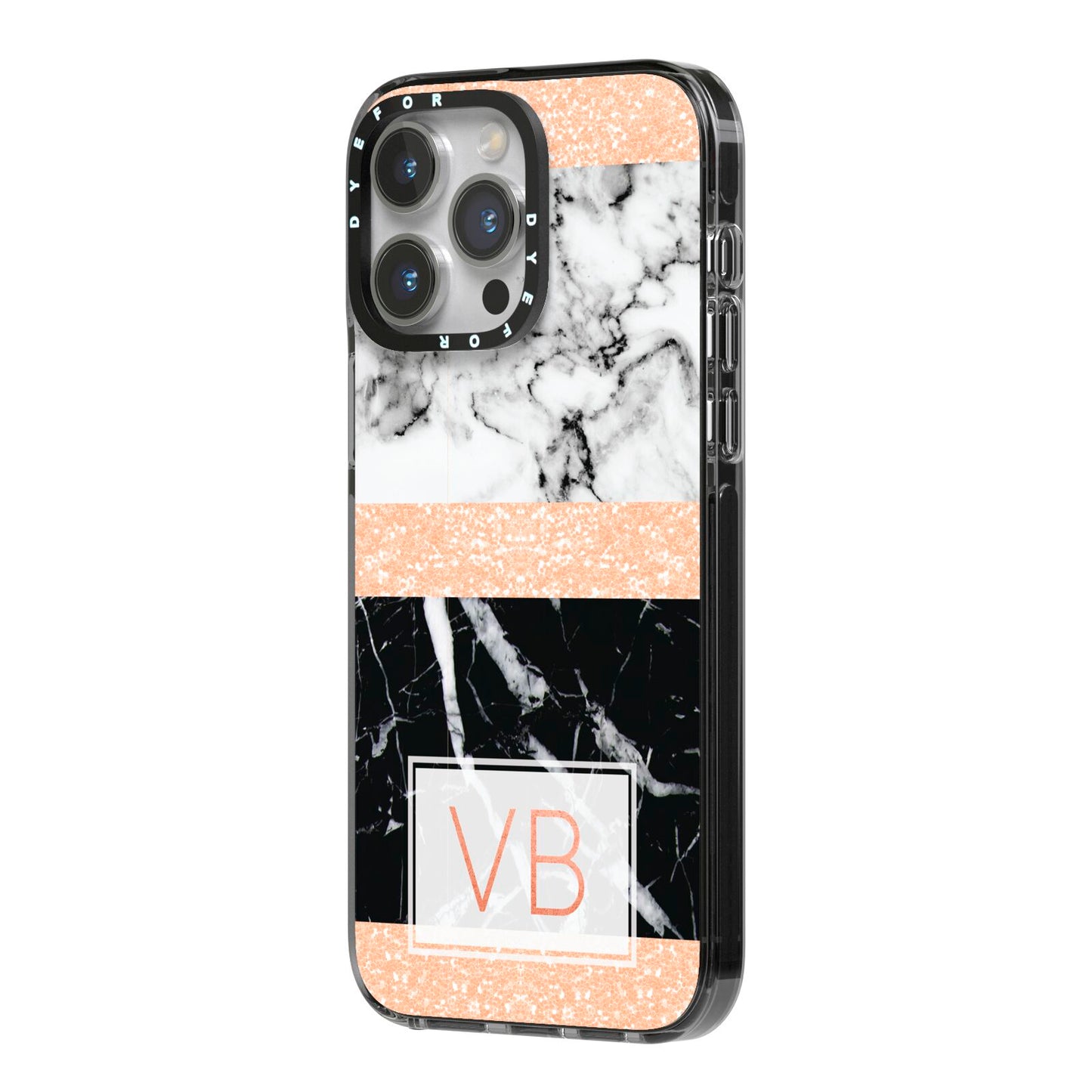 Personalised Black Marble Initials iPhone 14 Pro Max Black Impact Case Side Angle on Silver phone