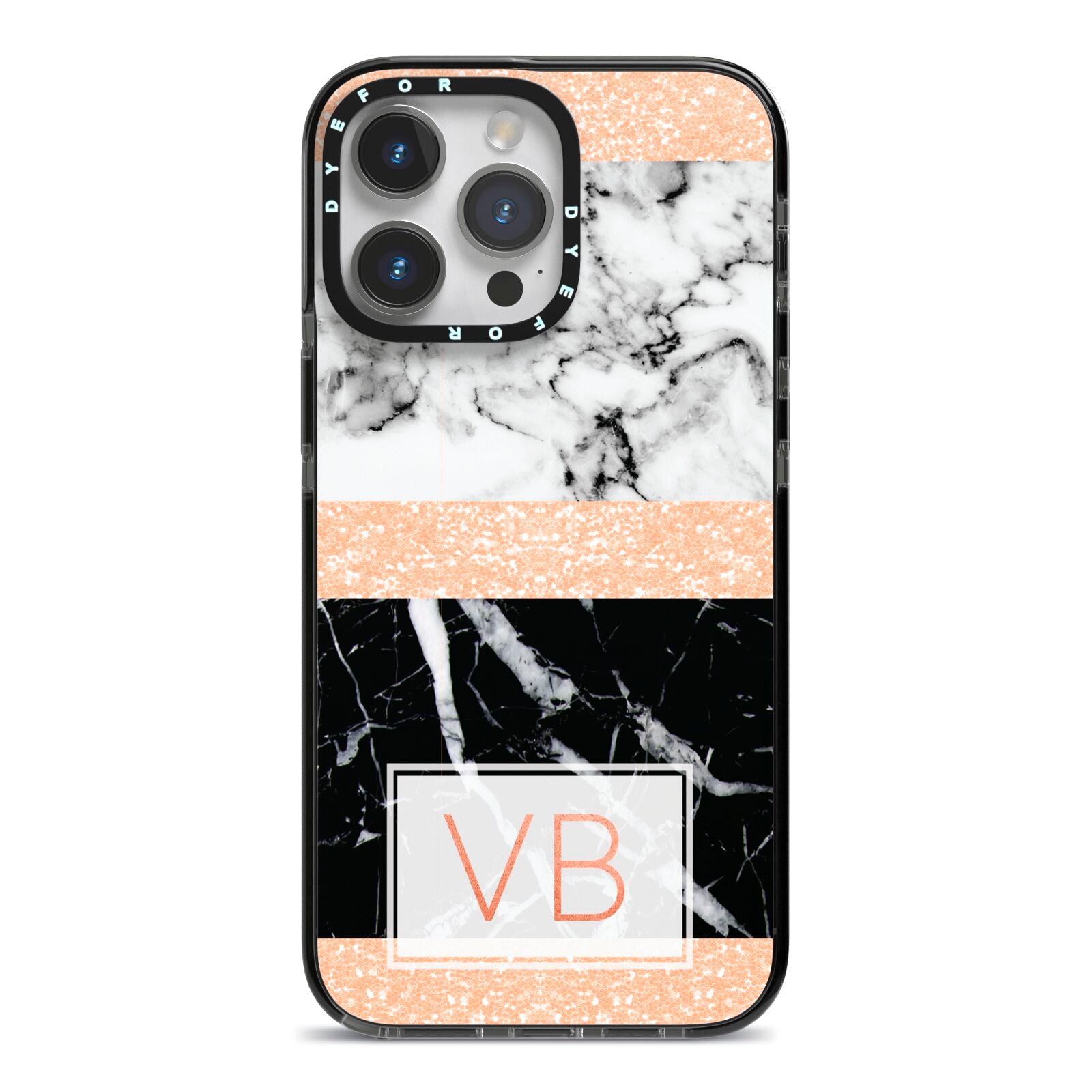Personalised Black Marble Initials iPhone 14 Pro Max Black Impact Case on Silver phone