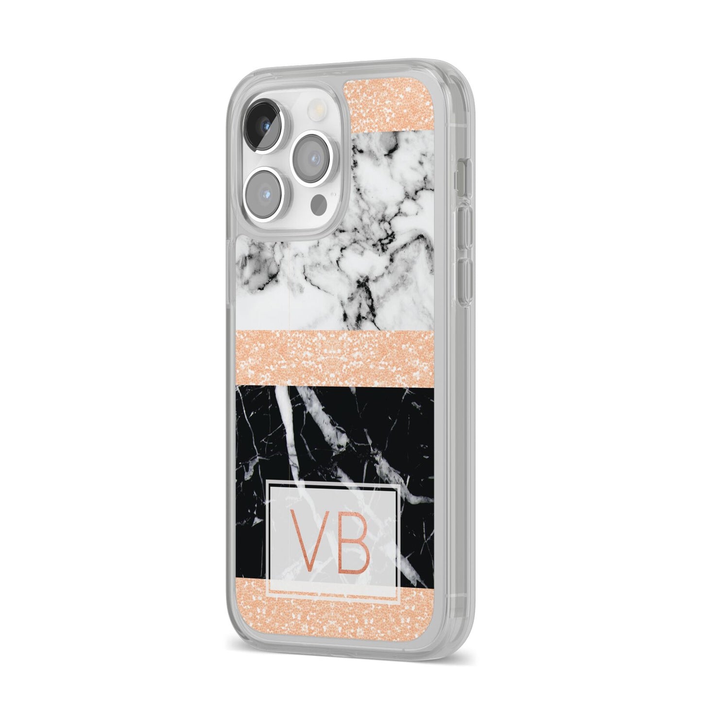 Personalised Black Marble Initials iPhone 14 Pro Max Clear Tough Case Silver Angled Image