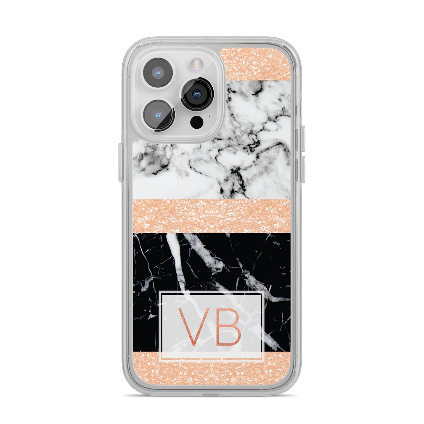 Personalised Black Marble Initials iPhone 14 Pro Max Clear Tough Case Silver