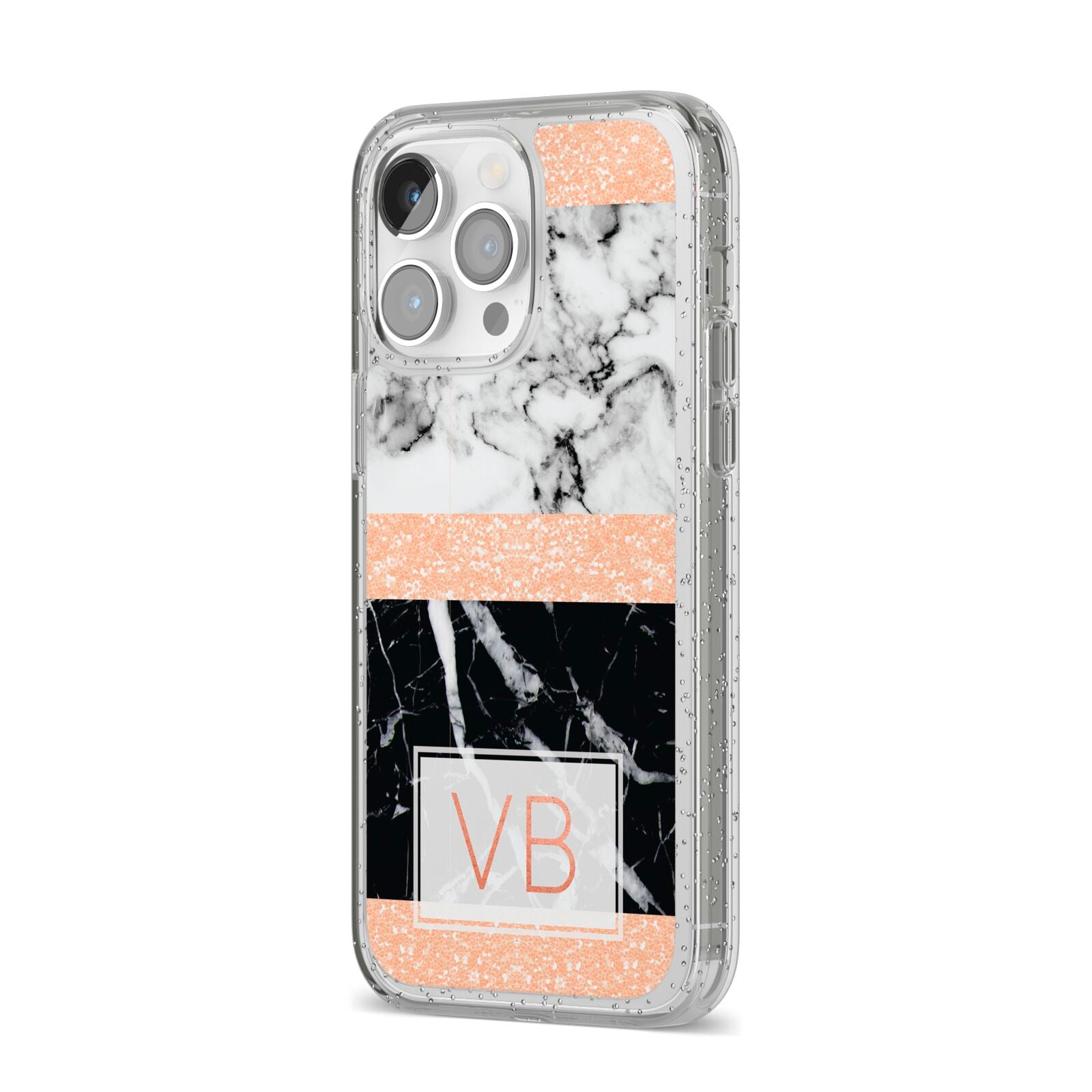 Personalised Black Marble Initials iPhone 14 Pro Max Glitter Tough Case Silver Angled Image